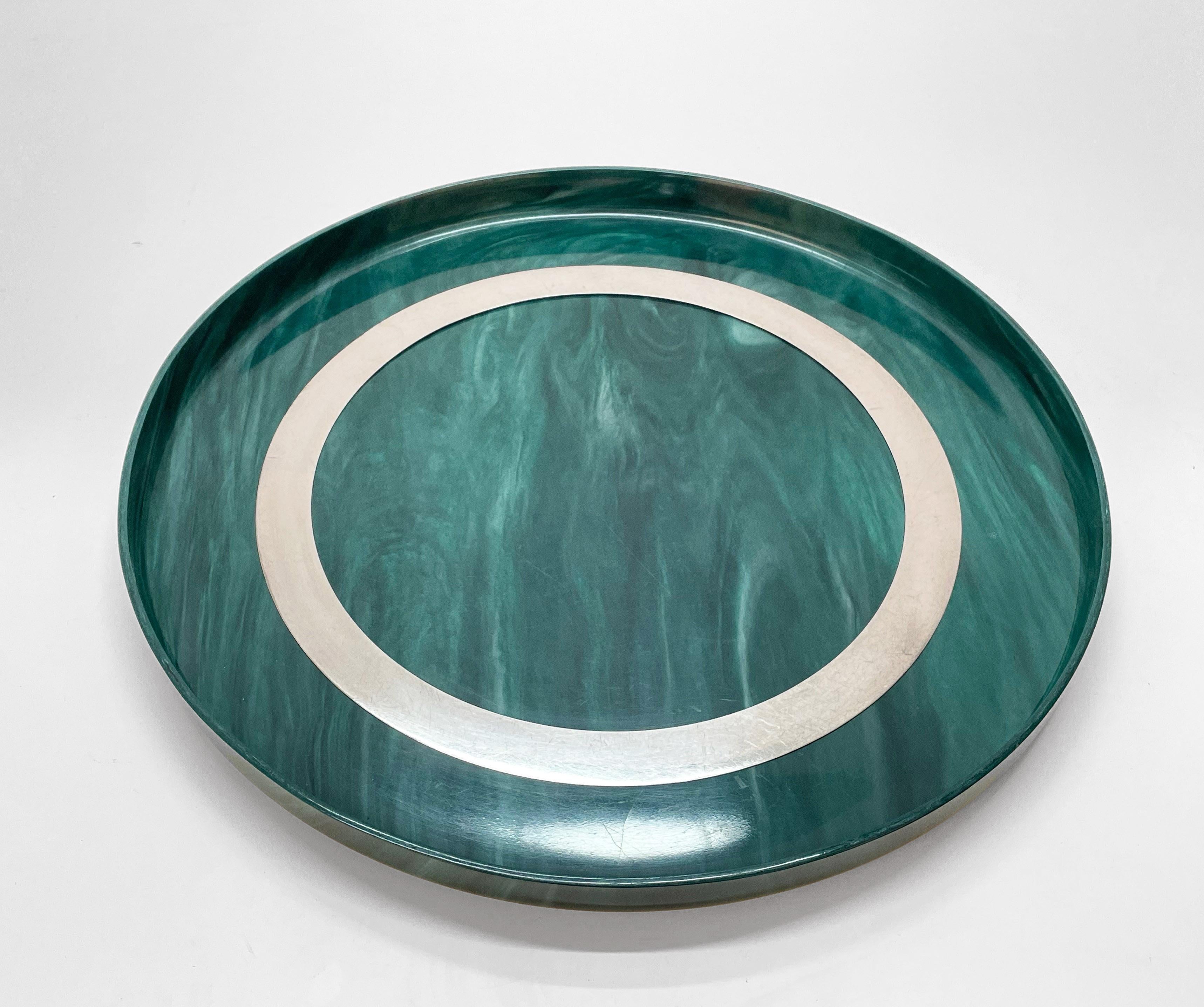 Midcentury Large Round GreenBakelite and Steel Italian Round Serving Tray, 1980s For Sale 3