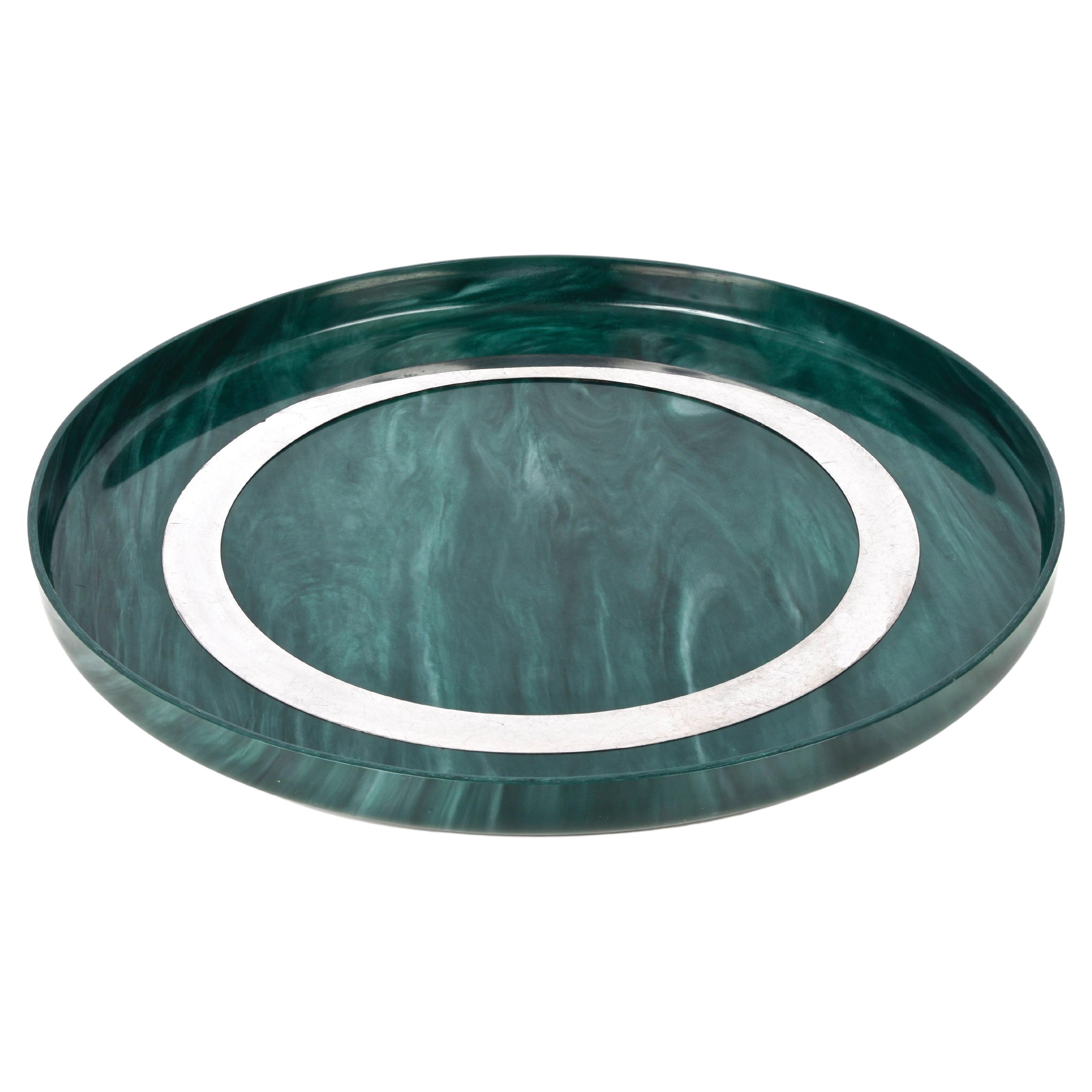 Midcentury Large Round GreenBakelite and Steel Italian Round Serving Tray, 1980s For Sale