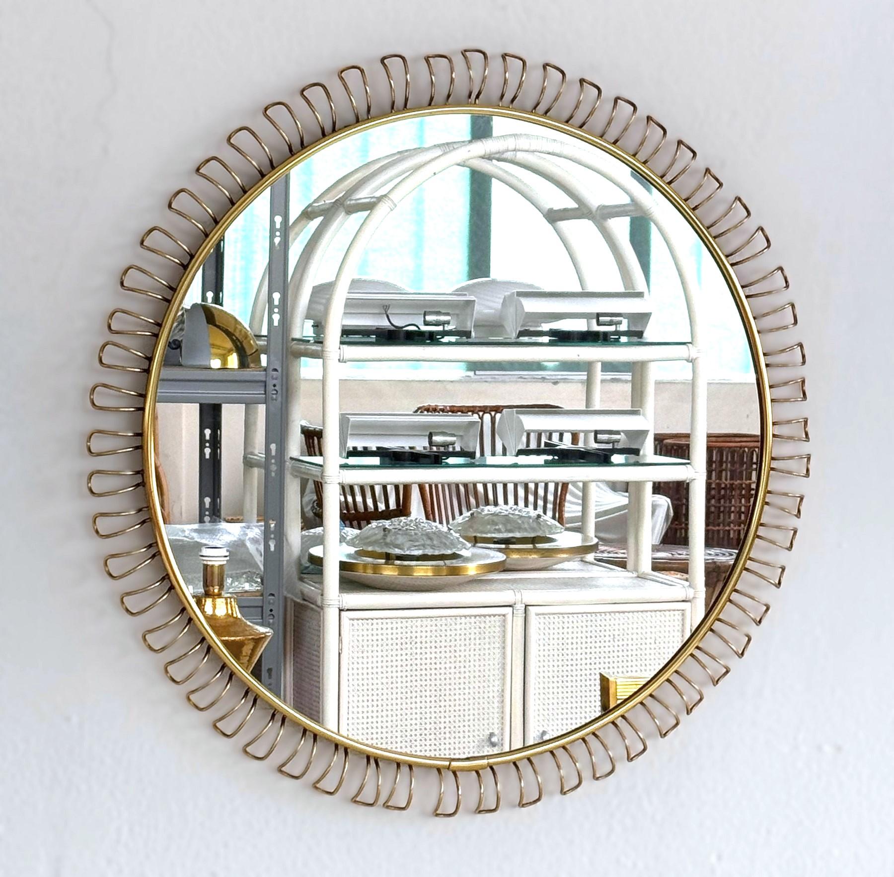 German Midcentury Large Round Sunburst Wall Mirror with Golden Metal Loop Frame, 1970s For Sale