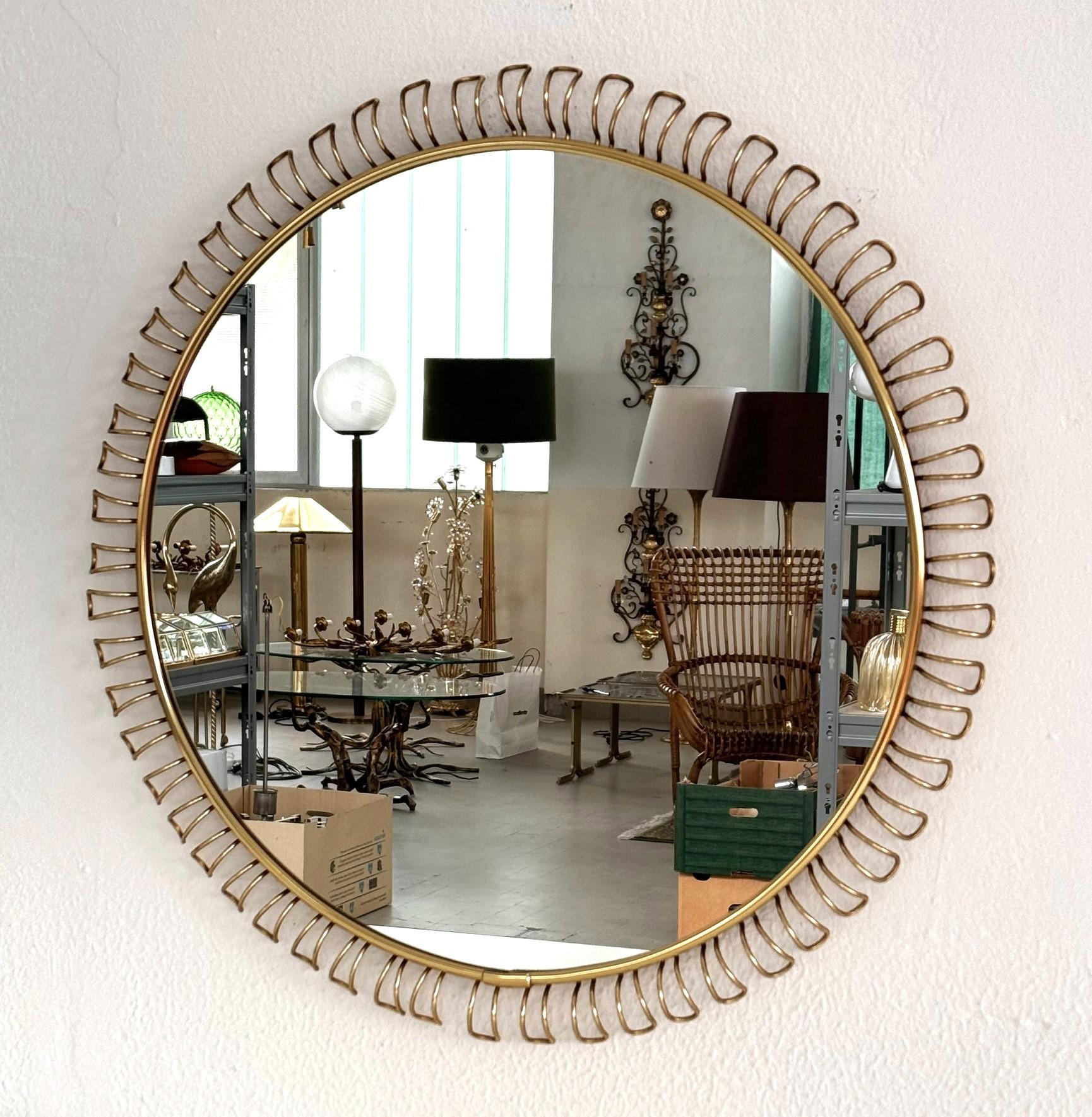 Late 20th Century Midcentury Large Round Sunburst Wall Mirror with Golden Metal Loop Frame, 1970s For Sale
