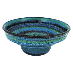 Retro Midcentury Large Scale Aldo Londi Bitossi Rimini Blue Glazed Ceramic Footed Bowl