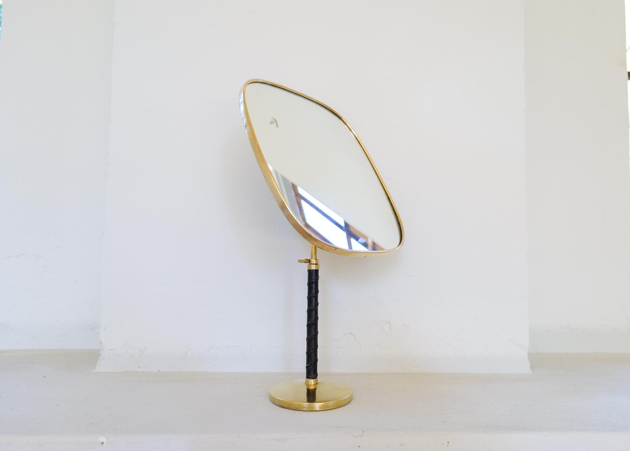 Mid-Century Modern Midcentury Large Sculptural Brass and Leather Mirror David Rosen 1950s Sweden