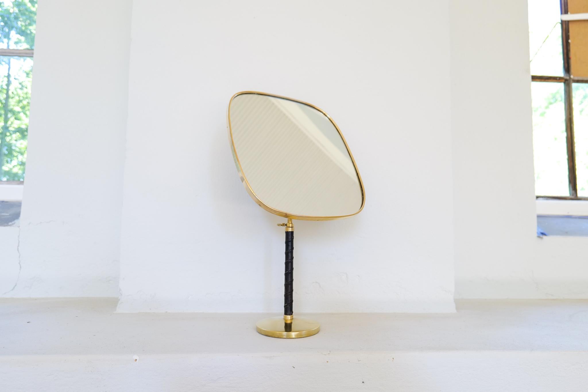 Swedish Midcentury Large Sculptural Brass and Leather Mirror David Rosen 1950s Sweden