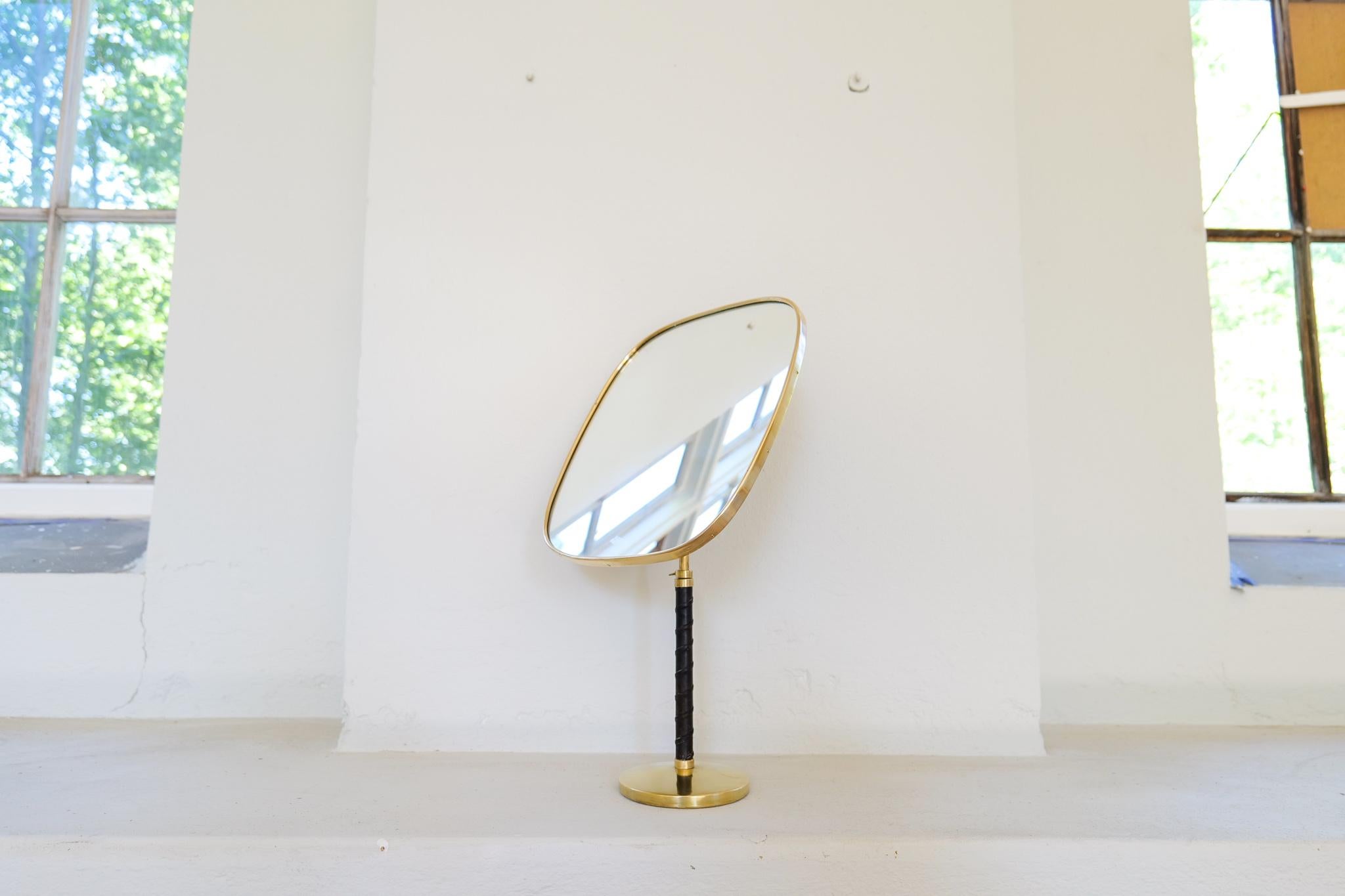 Mid-20th Century Midcentury Large Sculptural Brass and Leather Mirror David Rosen 1950s Sweden