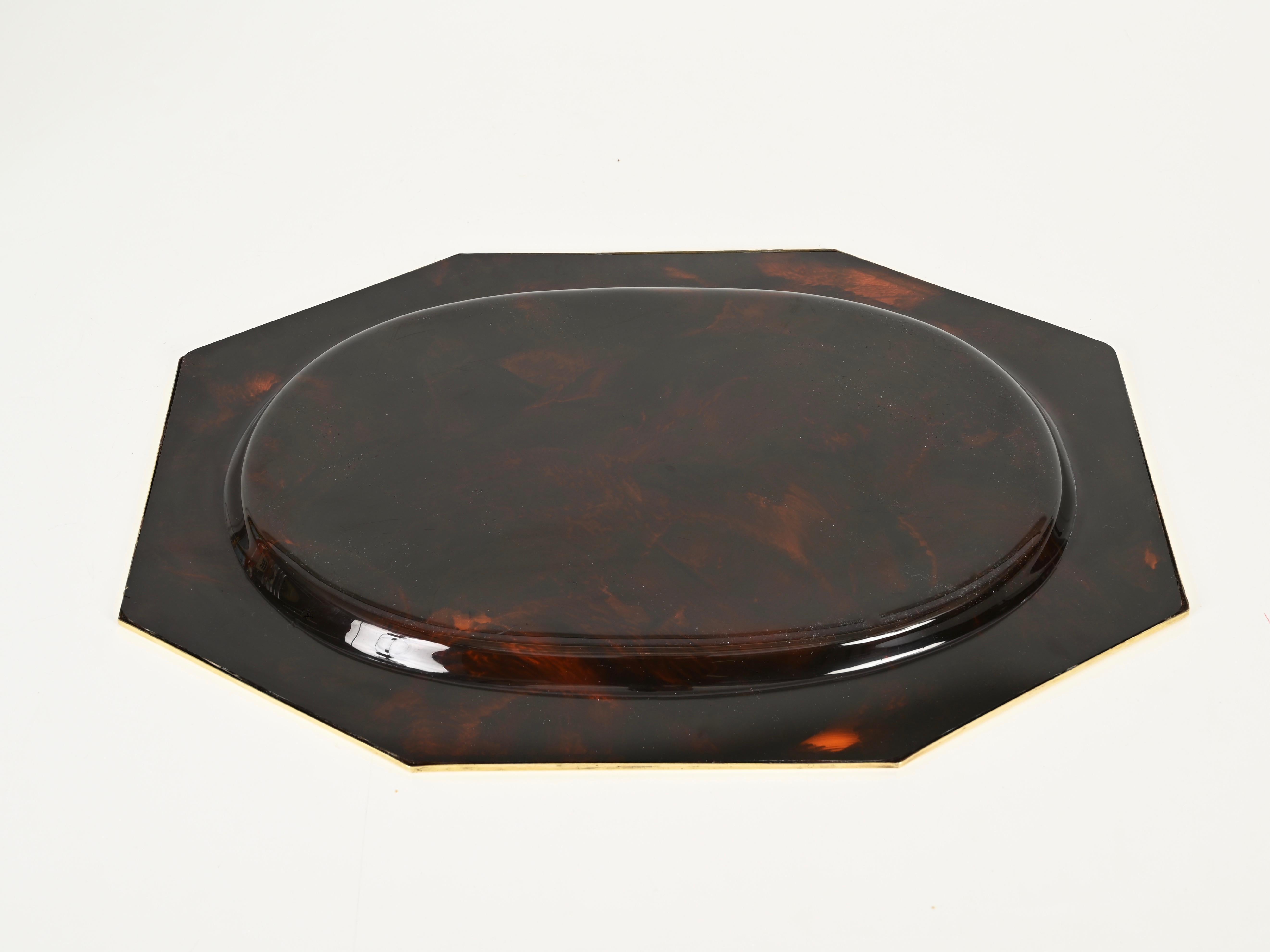 Midcentury Large Tortoiseshell Effect Lucite and Brass Serving Tray, Italy 1970s For Sale 7