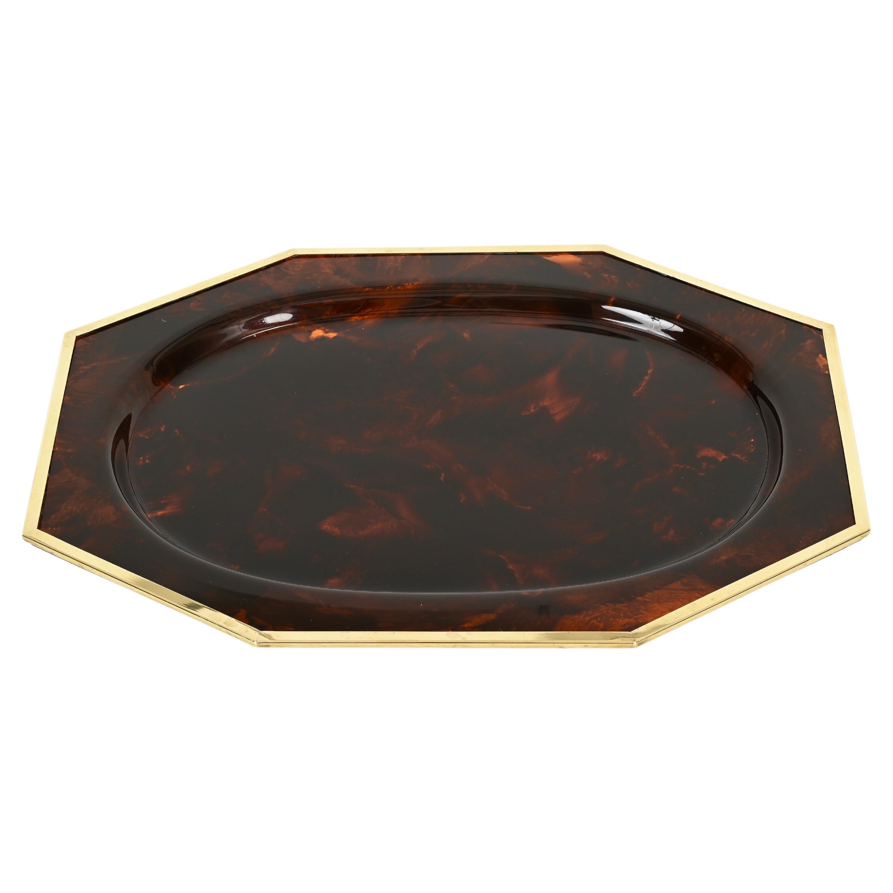 Midcentury Large Tortoiseshell Effect Lucite and Brass Serving Tray, Italy 1970s For Sale