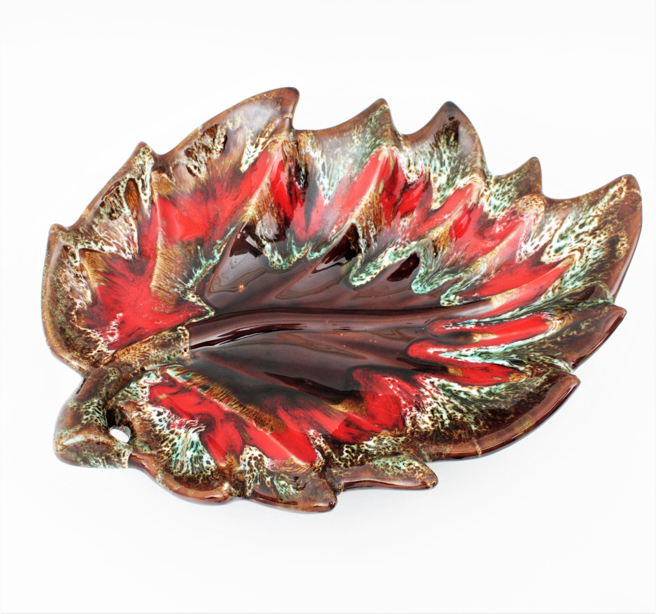 French Midcentury Large Vallauris Leaf Design Majolica Ceramic Platter or Centerpiece