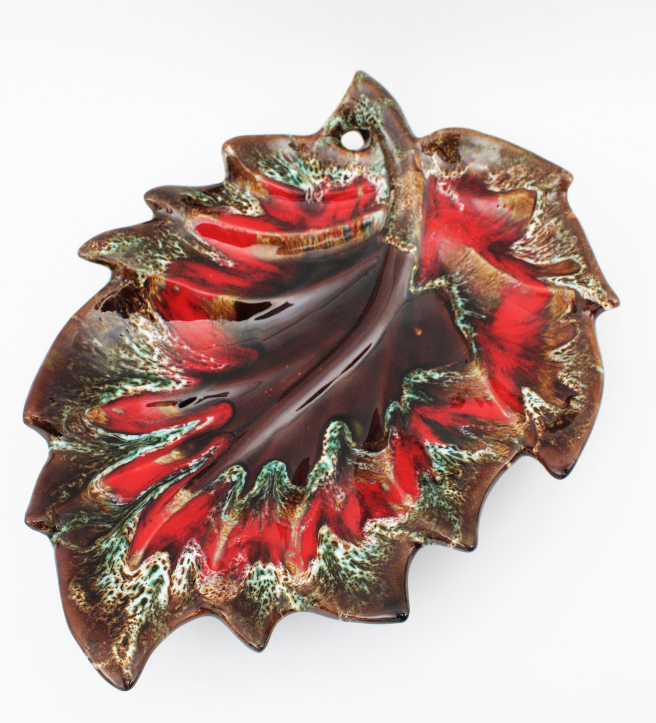 Glazed Midcentury Large Vallauris Leaf Design Majolica Ceramic Platter or Centerpiece