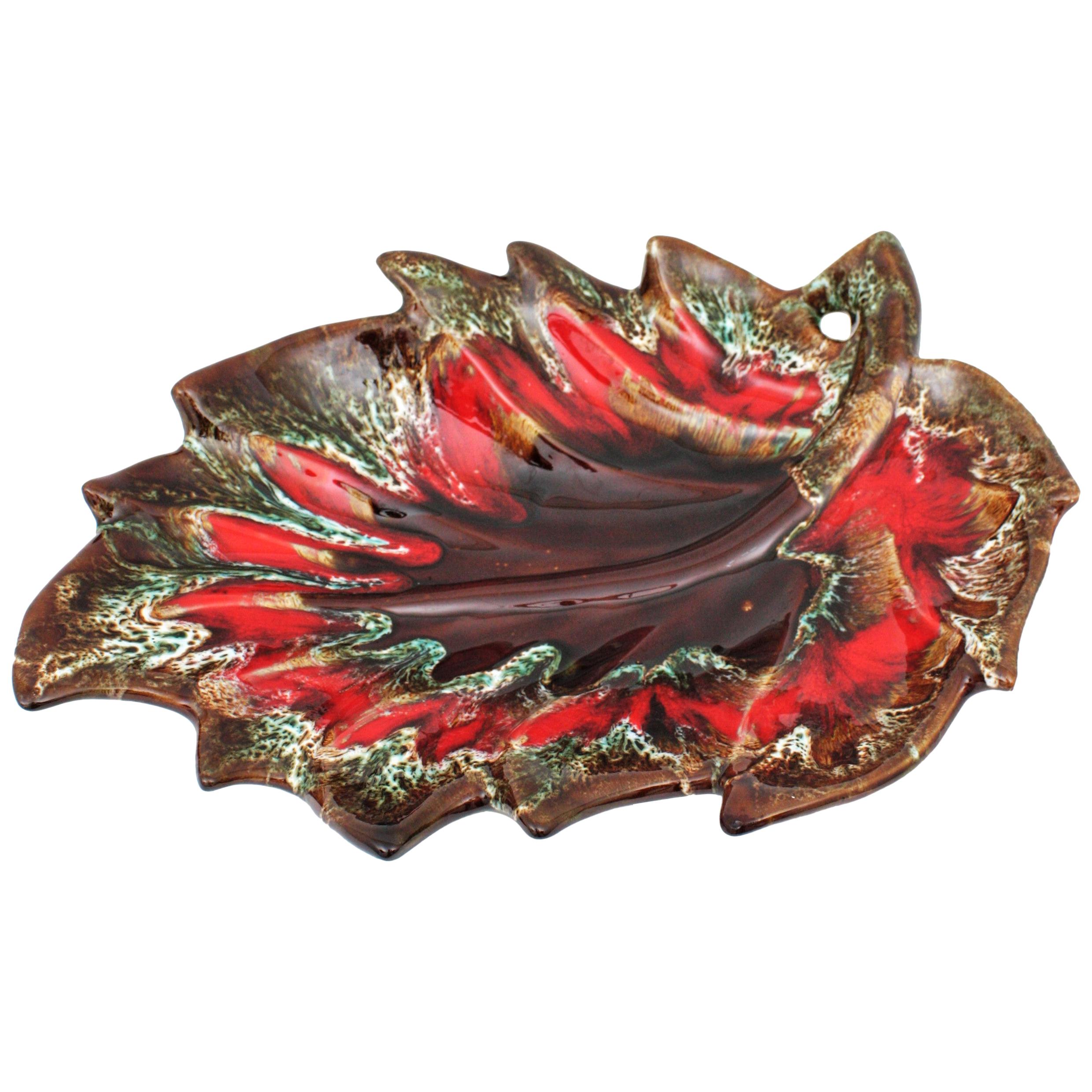Midcentury Large Vallauris Leaf Design Majolica Ceramic Platter or Centerpiece