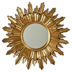 Midcentury Large Wall Mirror Gilted Wood Sunburst Starburst, Italy, 1970s