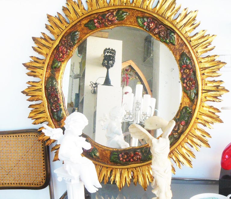 Large Wood Mirror Gilding with Gold Leaf and Polychromy, Art Deco  Midcentury For Sale 4
