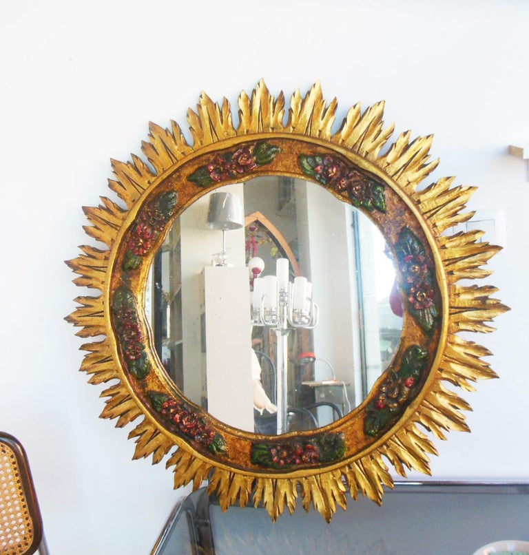 Large Wood Mirror Gilding with Gold Leaf and Polychromy, Art Deco  Midcentury For Sale 7