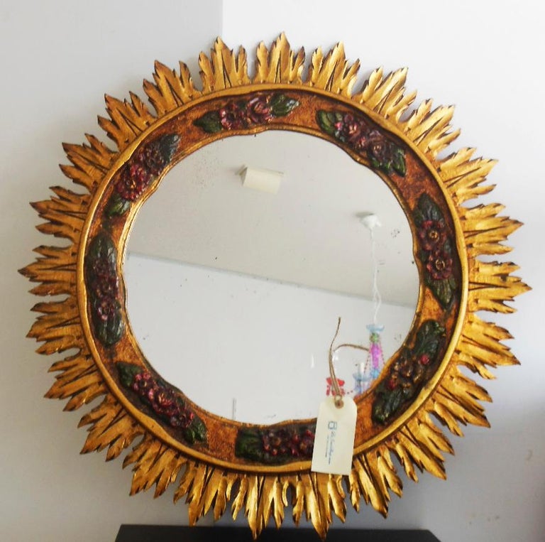 Spanish Large Wood Mirror Gilding with Gold Leaf and Polychromy, Art Deco  Midcentury For Sale