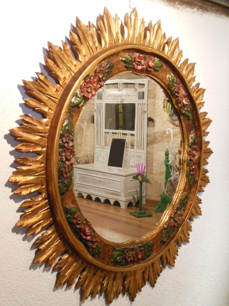 Gilt Large Wood Mirror Gilding with Gold Leaf and Polychromy, Art Deco  Midcentury For Sale