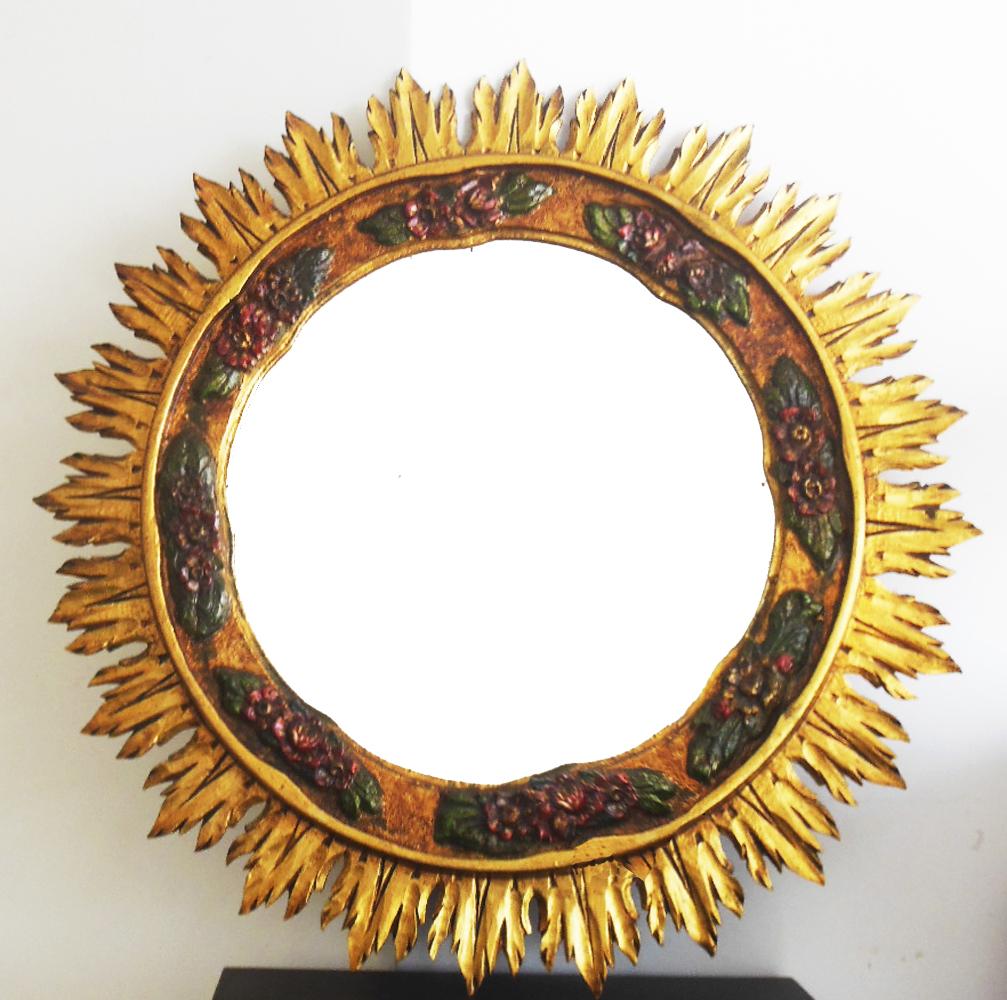 Spanish  Spectaculsr Art Deco  Mirror Gold Leaf and Polychromy For Sale