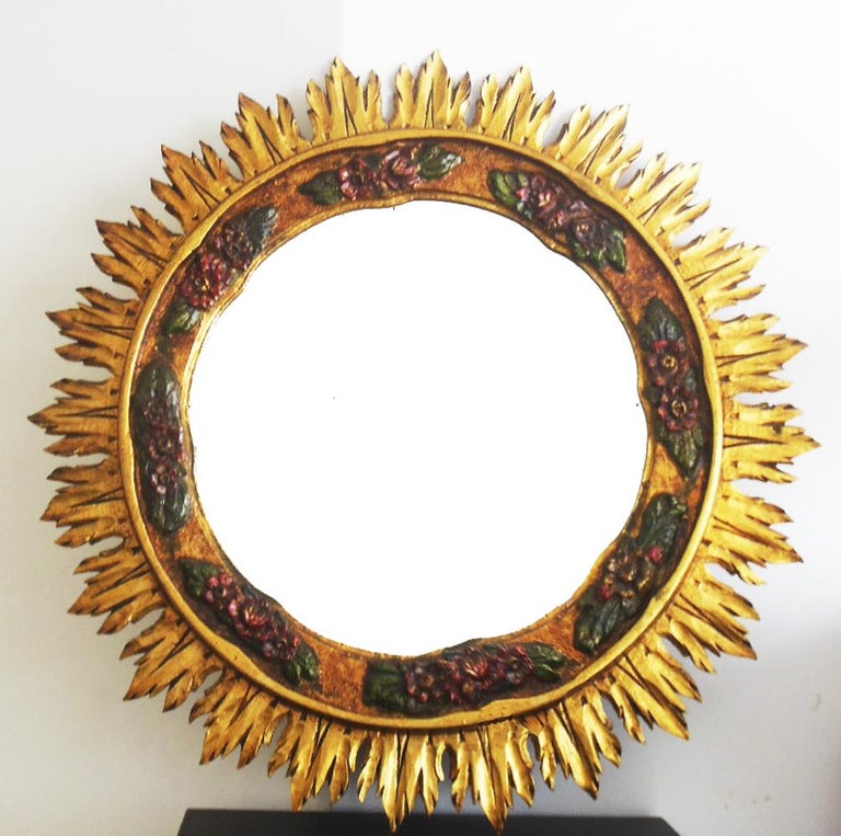 Large Wood Mirror Gilding with Gold Leaf and Polychromy, Art Deco  Midcentury In Good Condition For Sale In Mombuey, Zamora