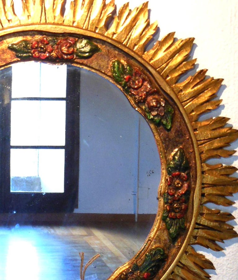 20th Century Large Wood Mirror Gilding with Gold Leaf and Polychromy, Art Deco  Midcentury For Sale