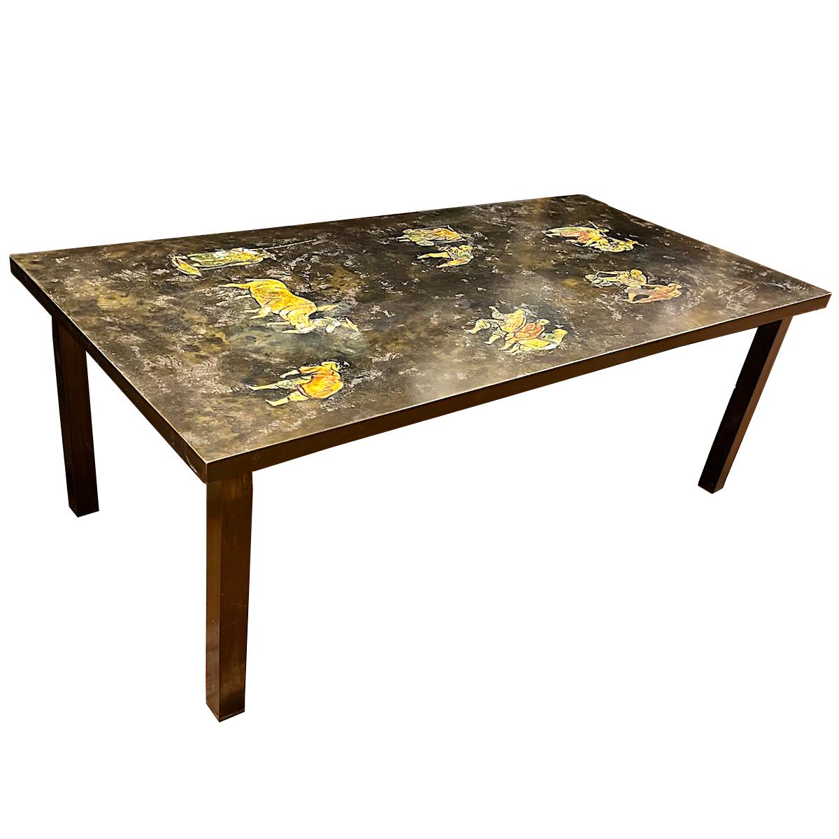 A circa 1970s LaVerne coffee table with painted scenes.

Measurements:
Height:17