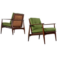 Midcentury Lawrence Peabody Walnut and Cane Horseshoe Bow Back Lounge Chairs