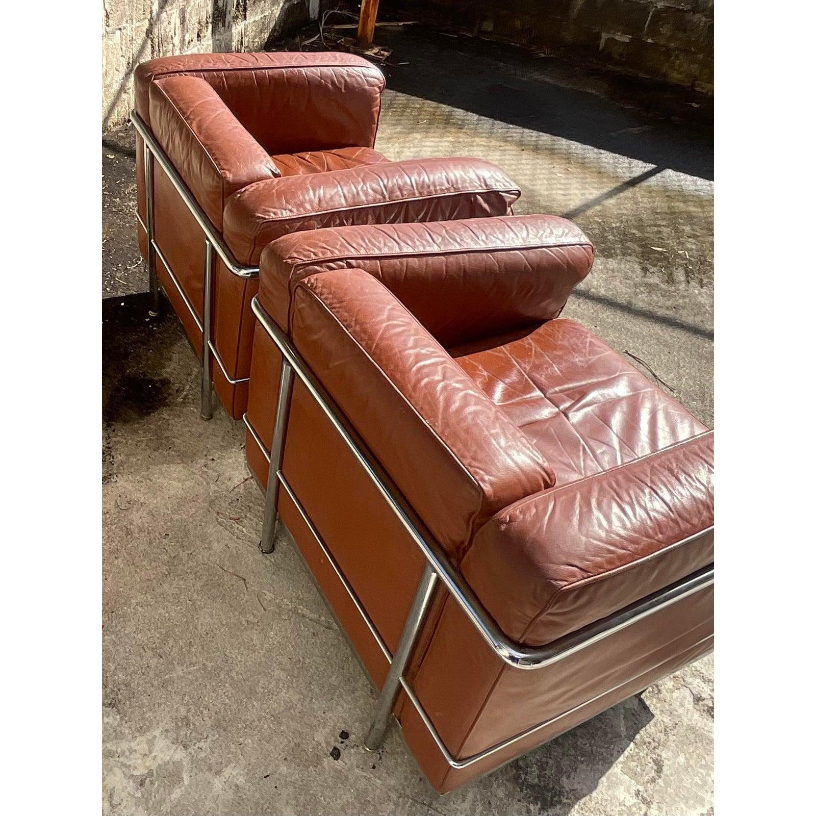 Midcentury Lc2 Leather Armchair After Le Corbusier In Good Condition In west palm beach, FL