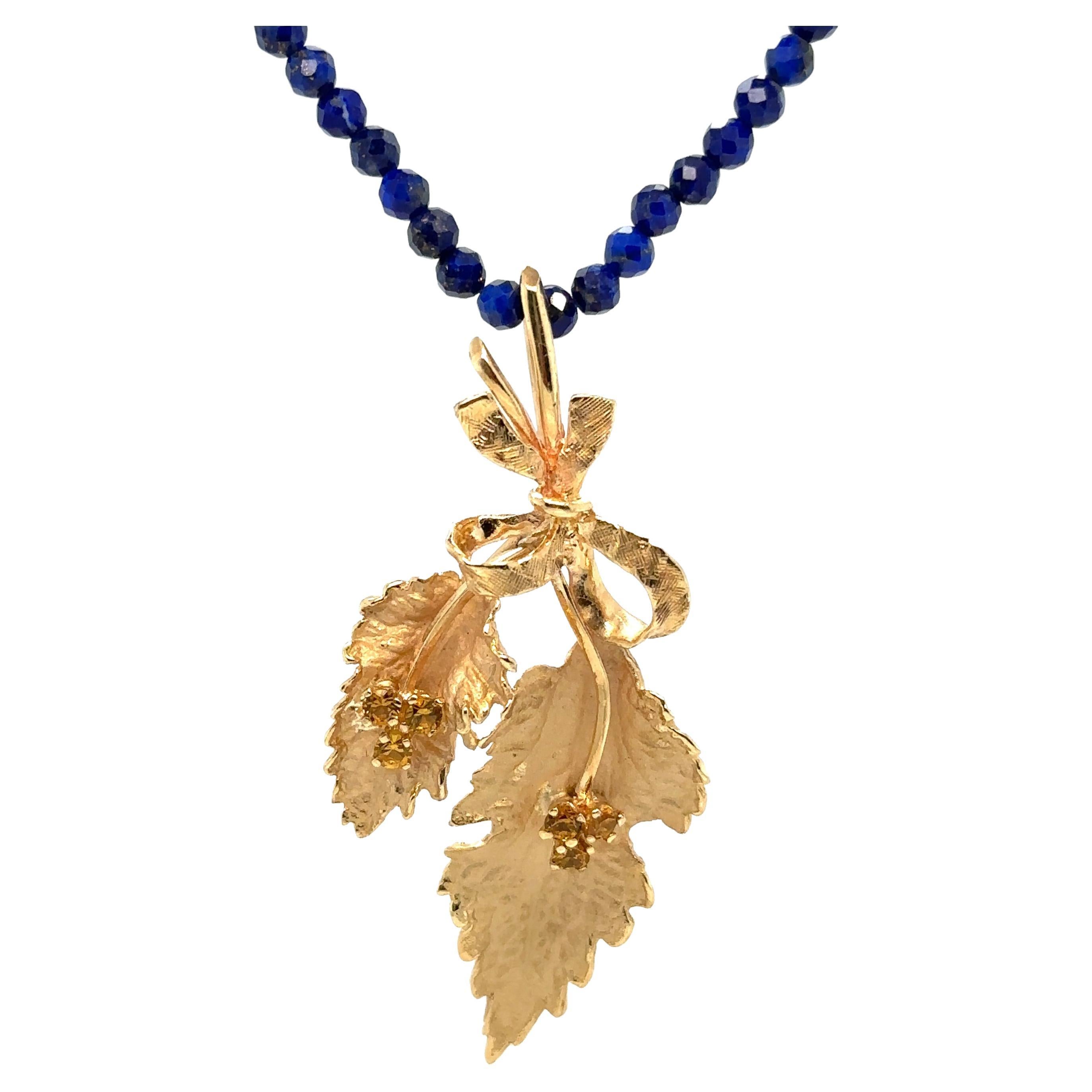 Mid-Century Leafy Sprig Pendant with Citrines in Yellow Gold on Lapis Bead Chain For Sale