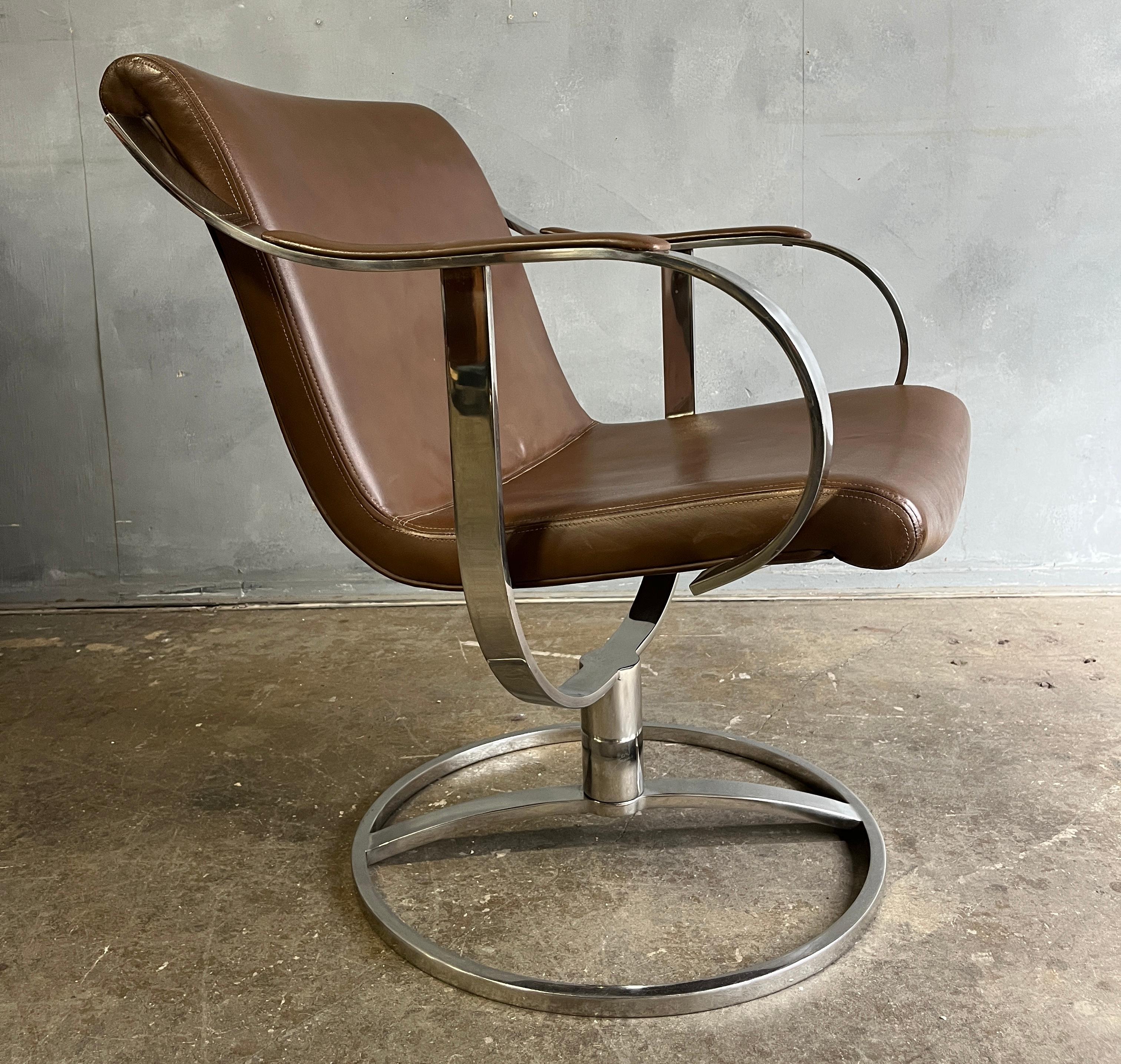 American Midcentury Leather and Chrome Swivel Chair For Sale