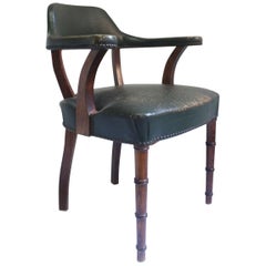 Midcentury Leather and Oak Wood & Green Leather Armchairs, Spain, 1950s