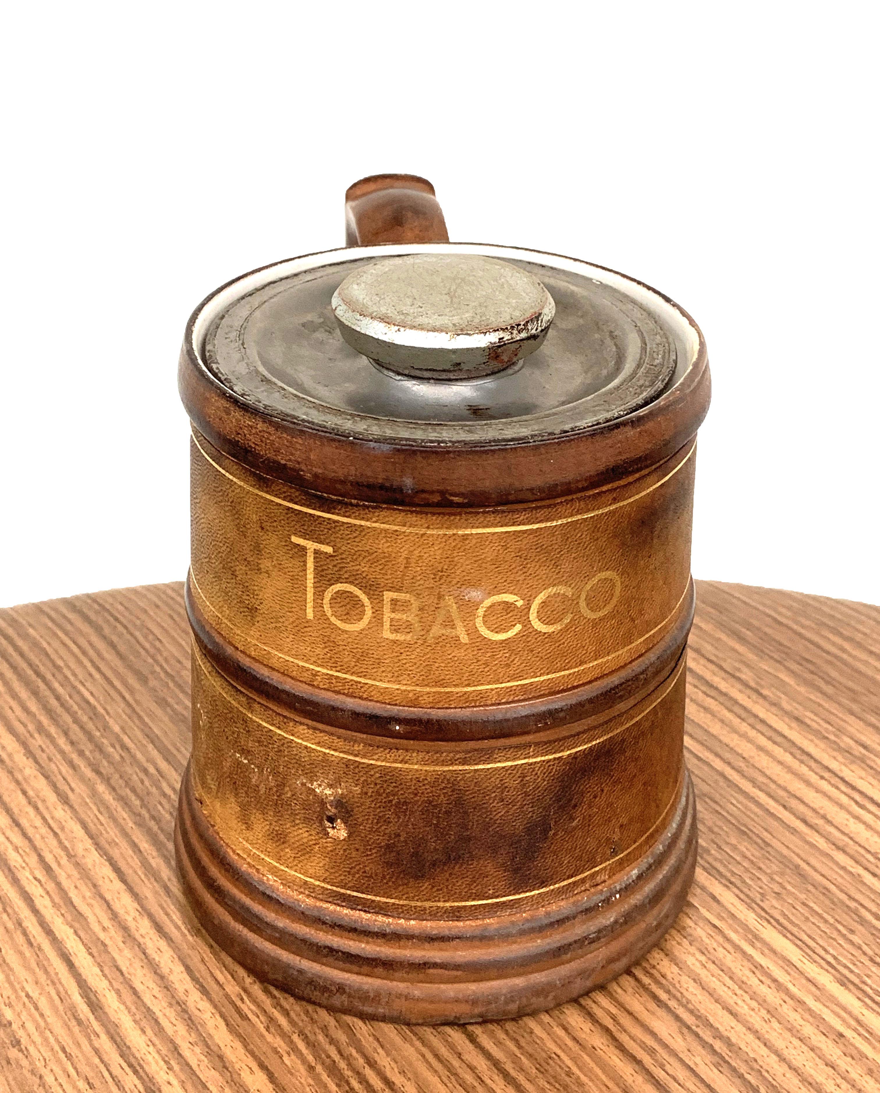 Midcentury Leather and Porcelain Ceramic Tobacco Pot with Gold Finishes, 1950s In Good Condition For Sale In Roma, IT
