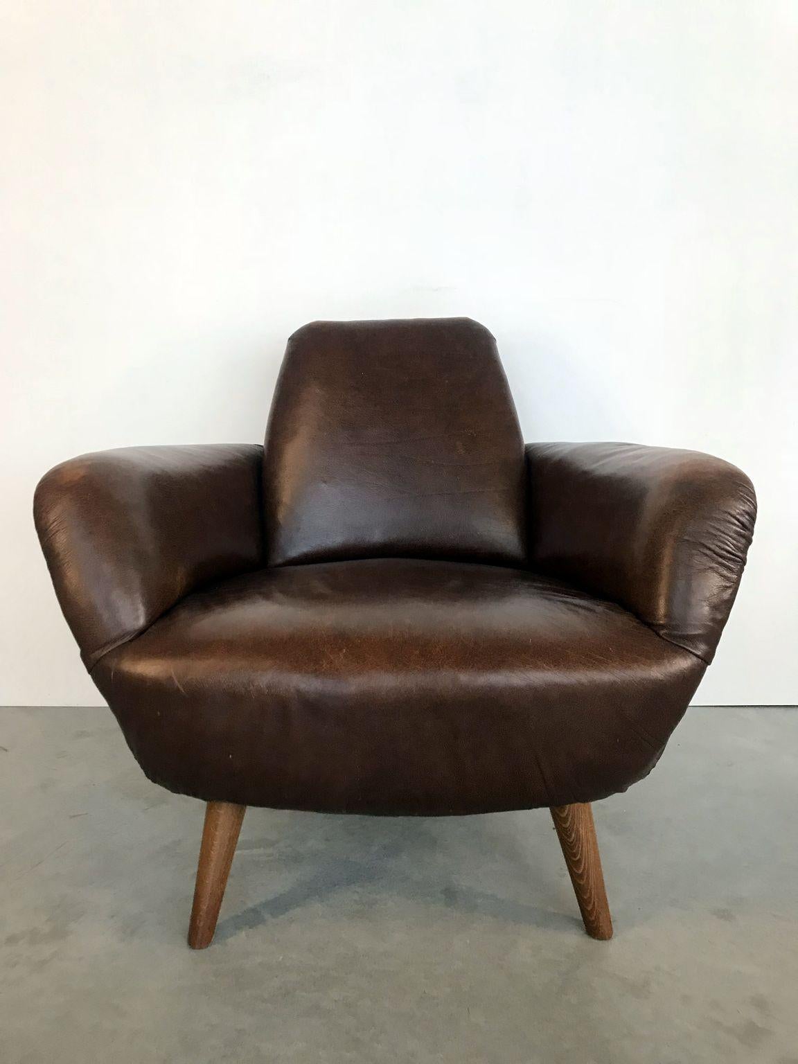 Serbian Midcentury Leather Armchair For Sale