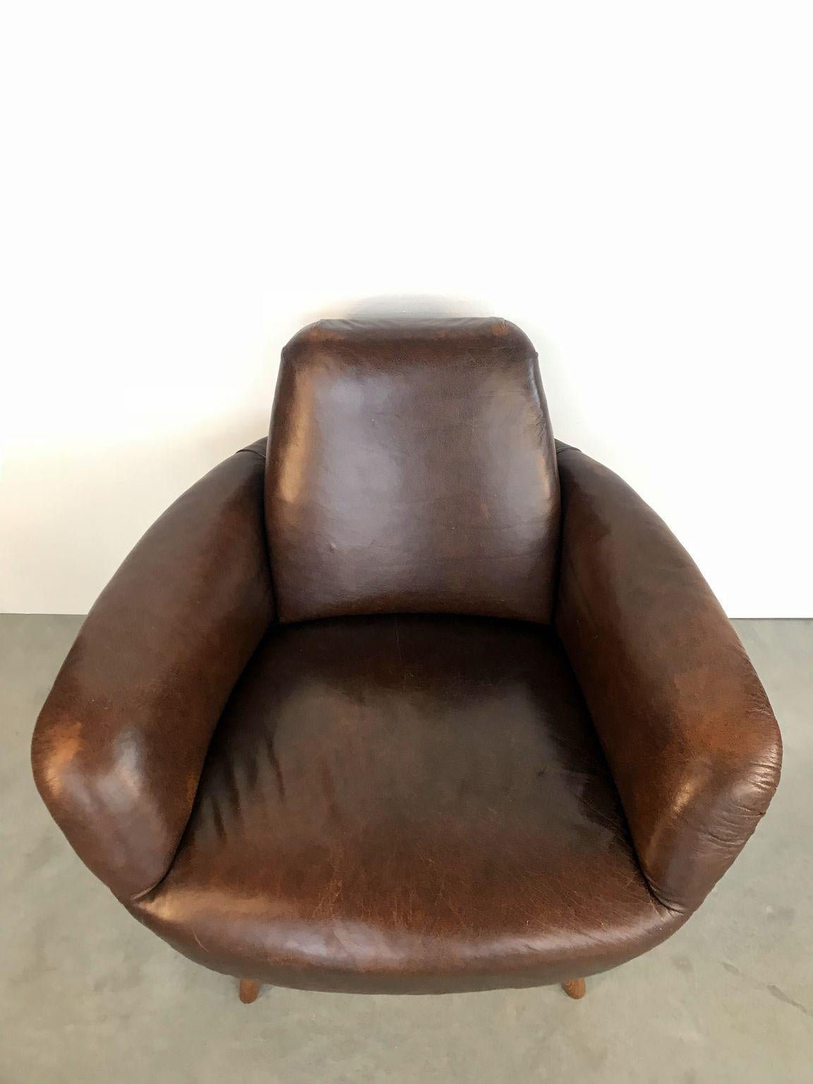 Polished Midcentury Leather Armchair For Sale