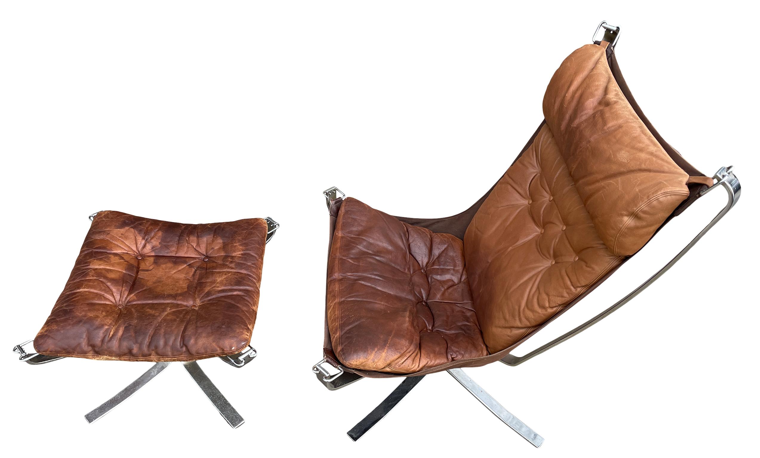 Mid-Century Modern Midcentury Leather Chrome Lounge Chair and Ottoman by Sigurd Ressell For Sale