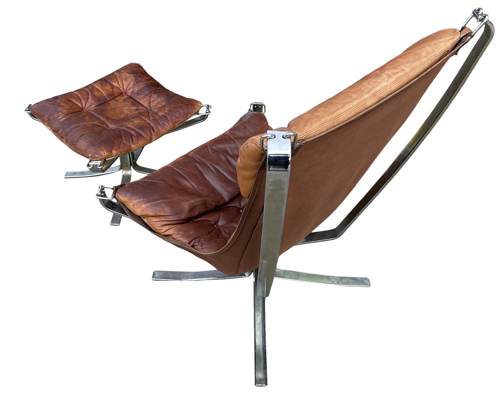 Norwegian Midcentury Leather Chrome Lounge Chair and Ottoman by Sigurd Ressell For Sale