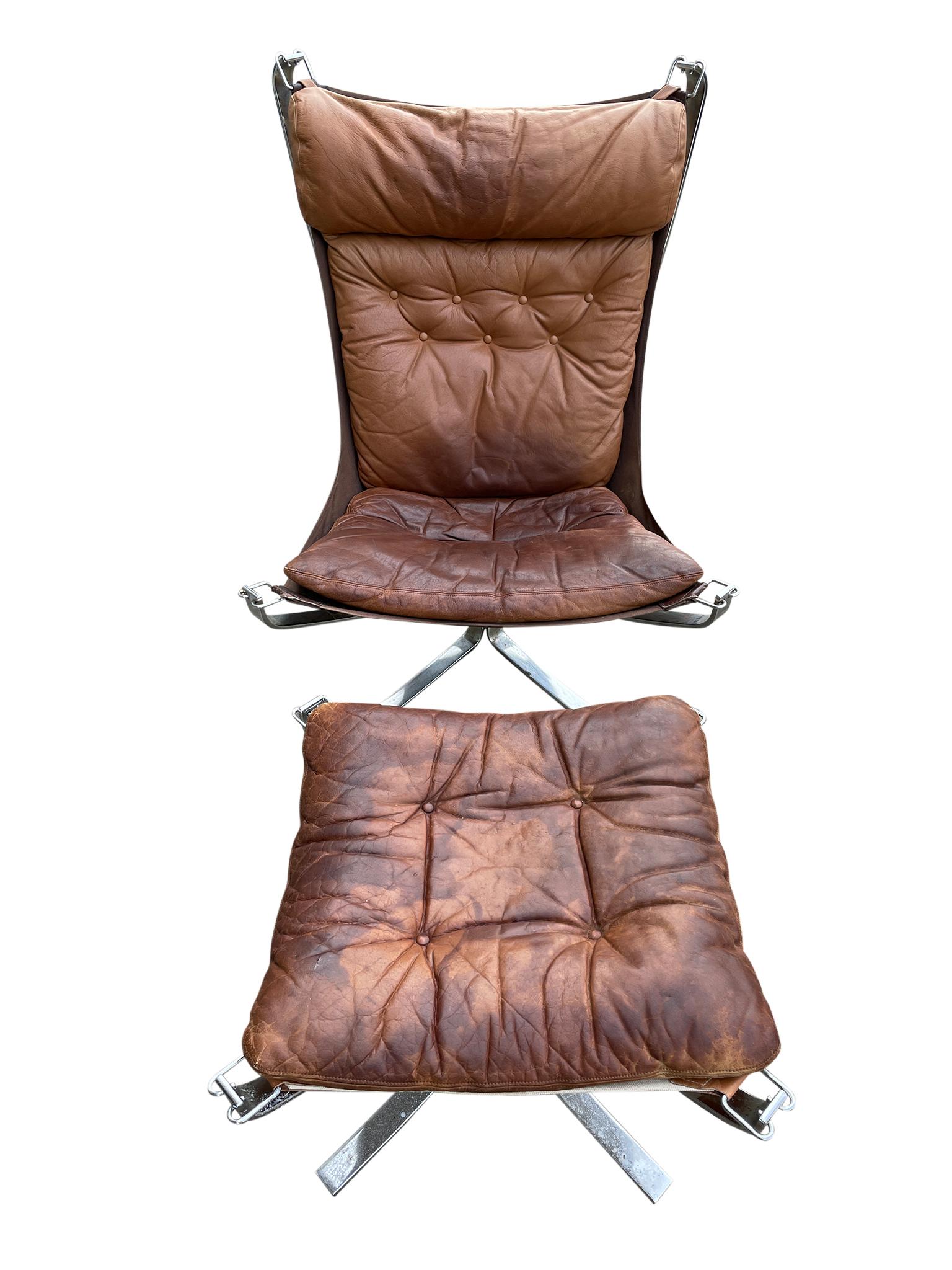 Midcentury Leather Chrome Lounge Chair and Ottoman by Sigurd Ressell In Good Condition In BROOKLYN, NY