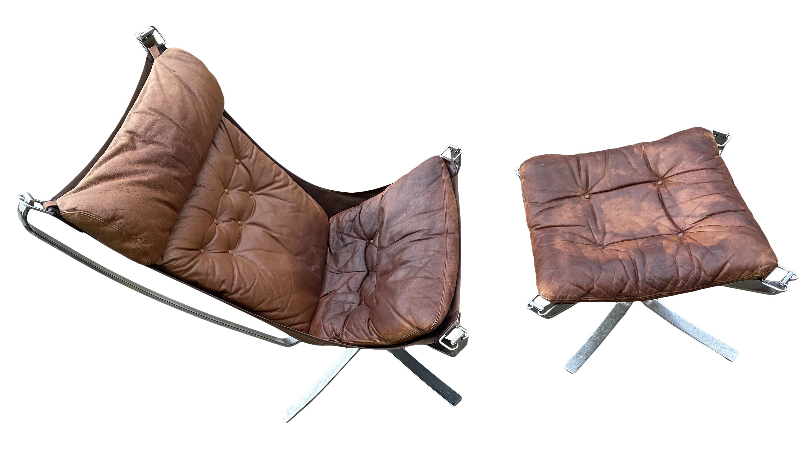 Midcentury Leather Chrome Lounge Chair and Ottoman by Sigurd Ressell For Sale 1
