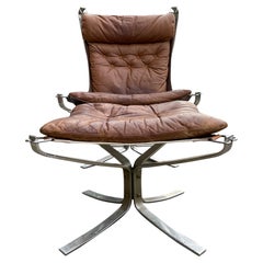 Vintage Midcentury Leather Chrome Lounge Chair and Ottoman by Sigurd Ressell