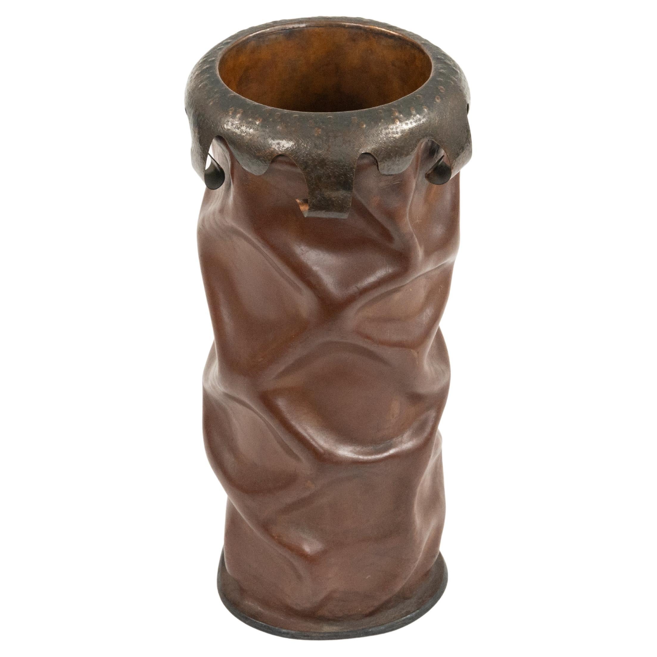 Midcentury Leather & Copper Umbrella Stand or Walking Stick Stand, Italy 1960s