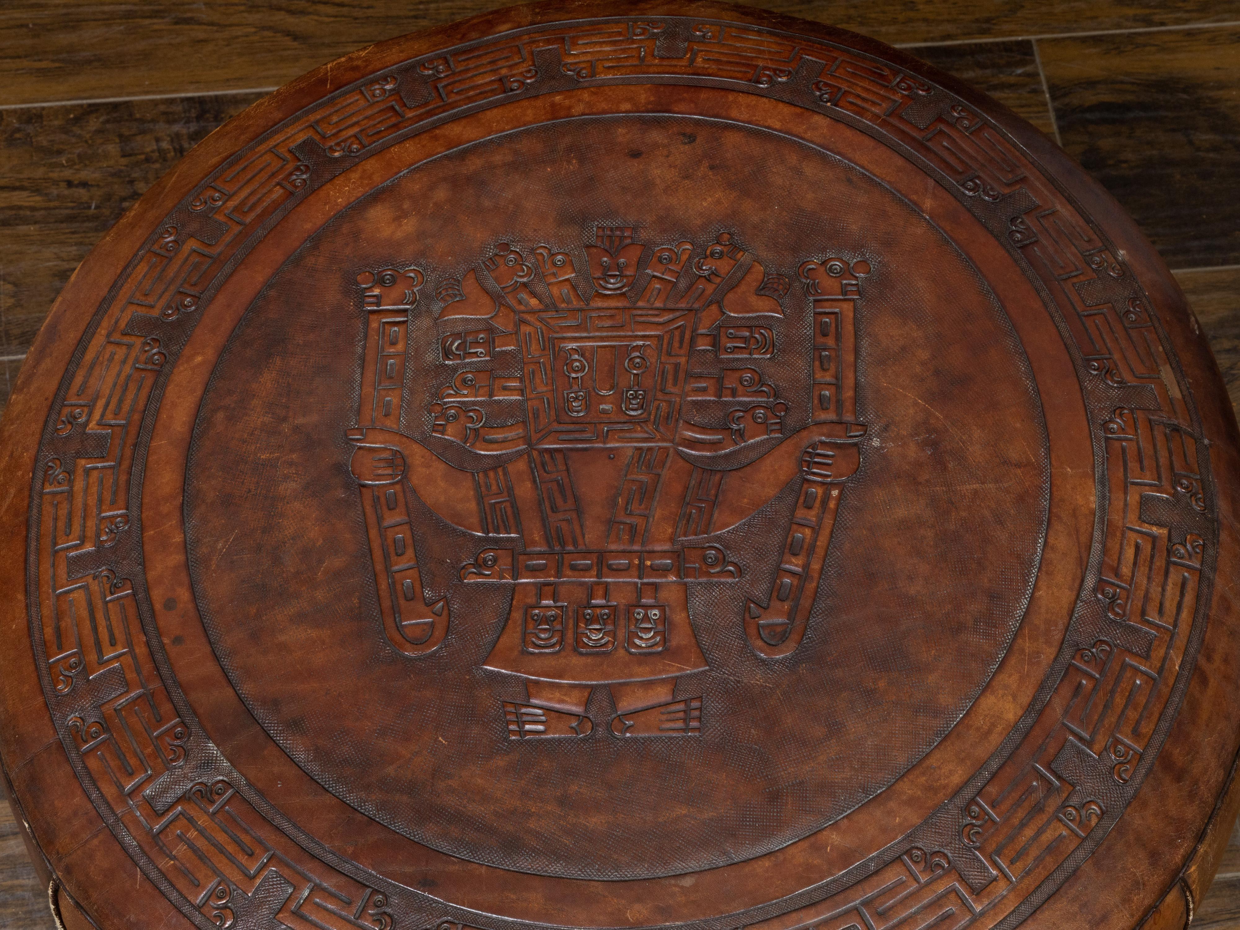 Midcentury Leather Pouf with Tooled Mesoamerican Motifs and Meander Frieze In Good Condition In Atlanta, GA