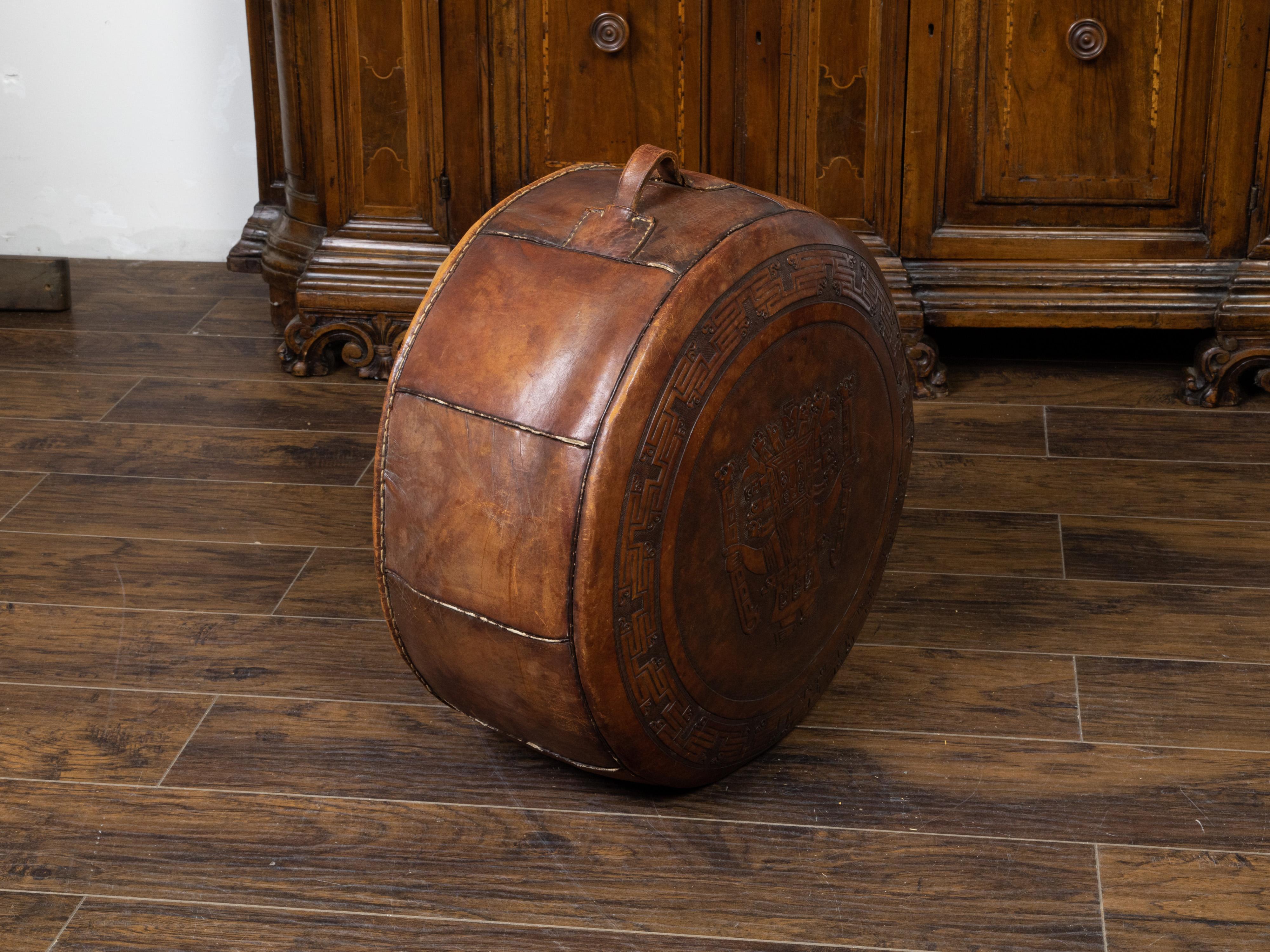 20th Century Midcentury Leather Pouf with Tooled Mesoamerican Motifs and Meander Frieze
