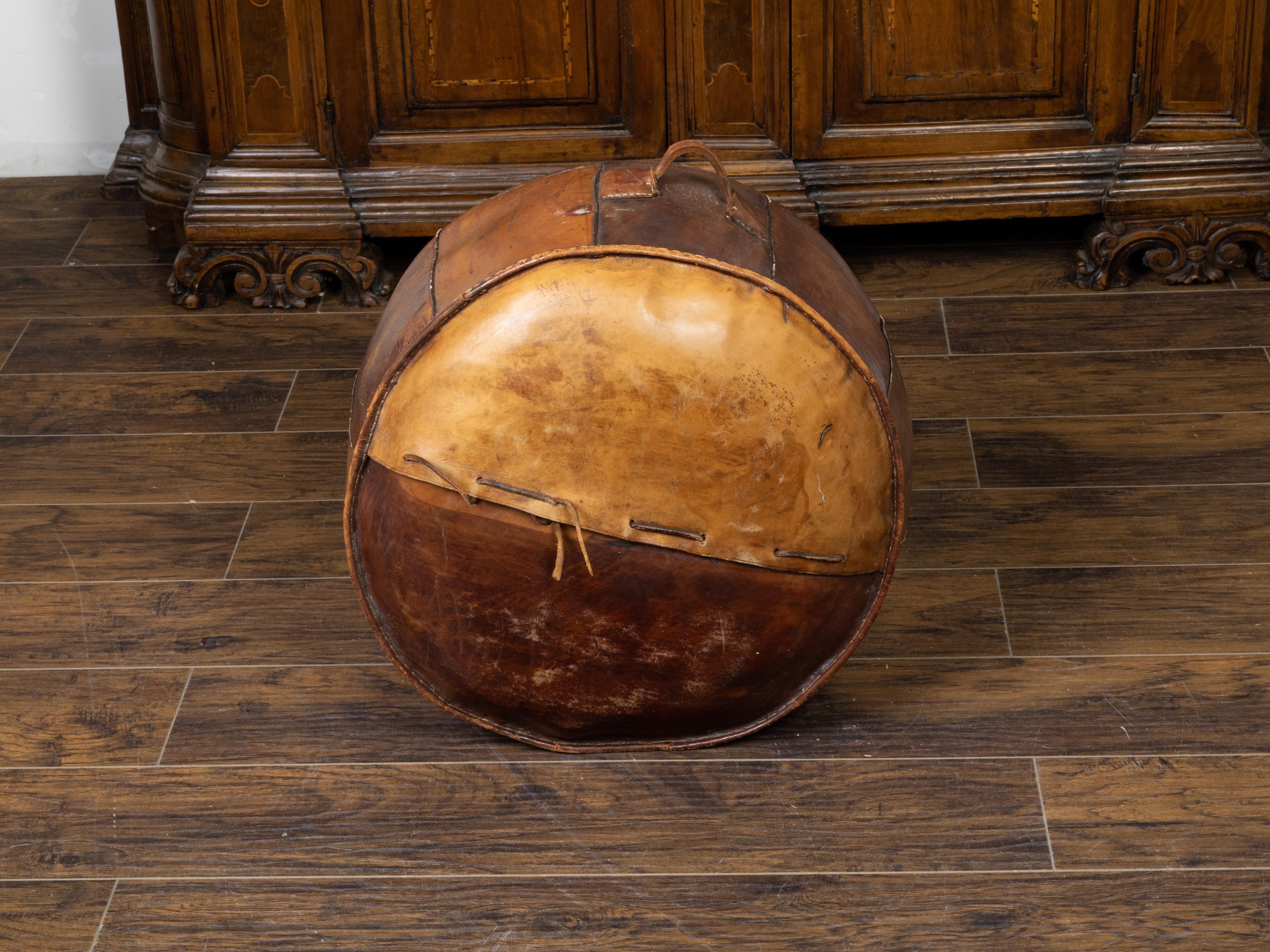 Midcentury Leather Pouf with Tooled Mesoamerican Motifs and Meander Frieze 2