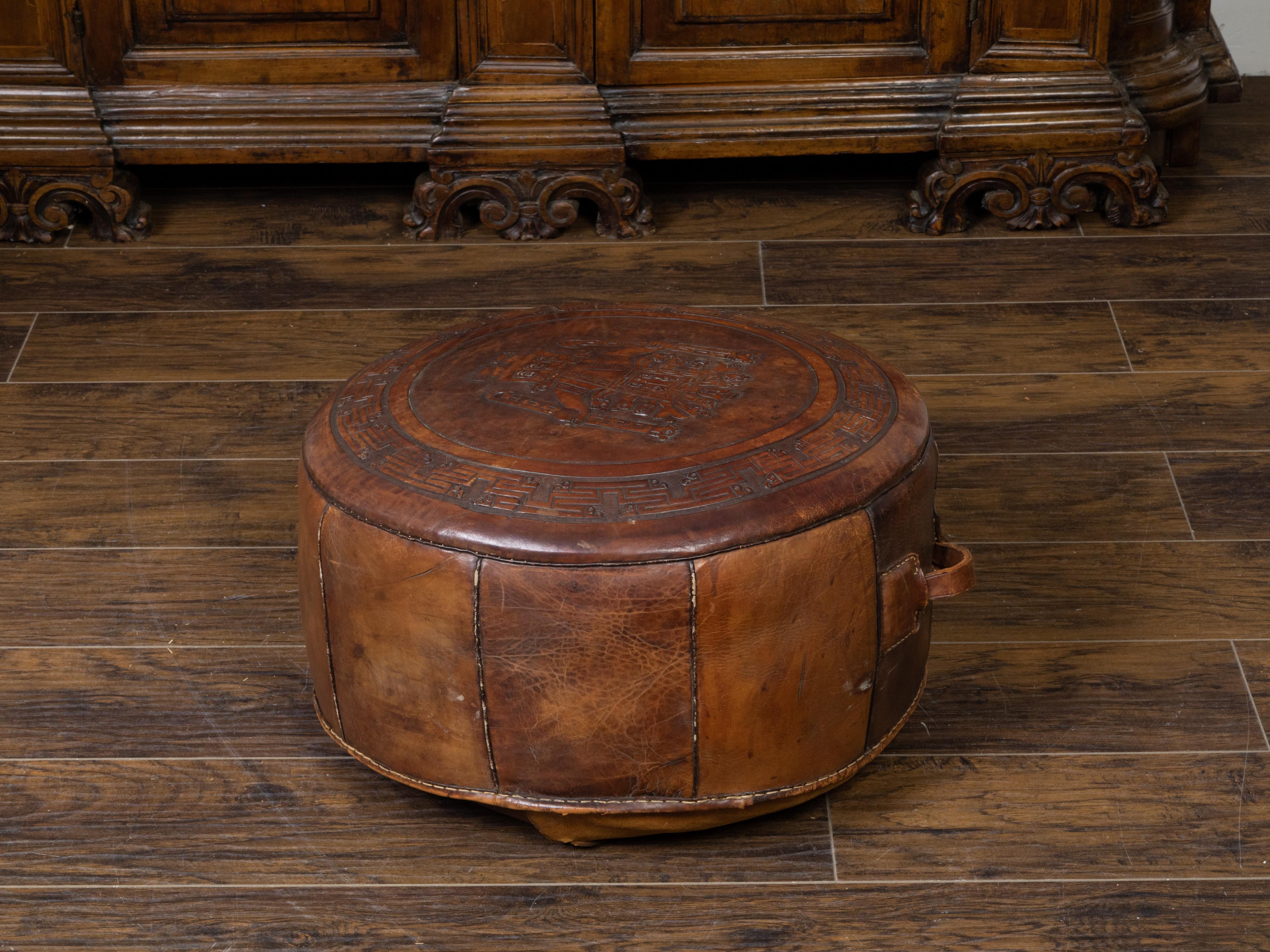 Midcentury Leather Pouf with Tooled Mesoamerican Motifs and Meander Frieze 4