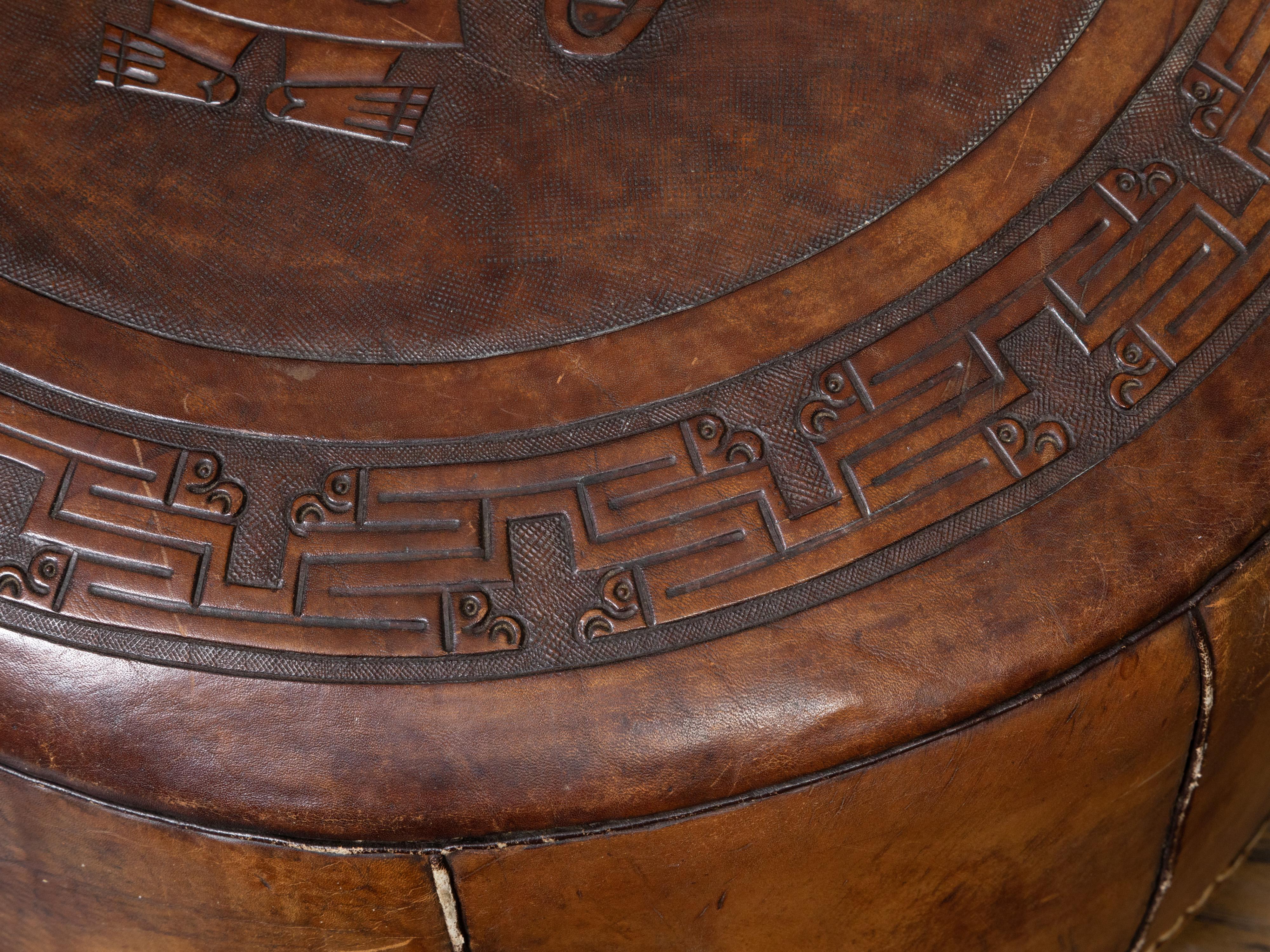 Midcentury Leather Pouf with Tooled Mesoamerican Motifs and Meander Frieze 5