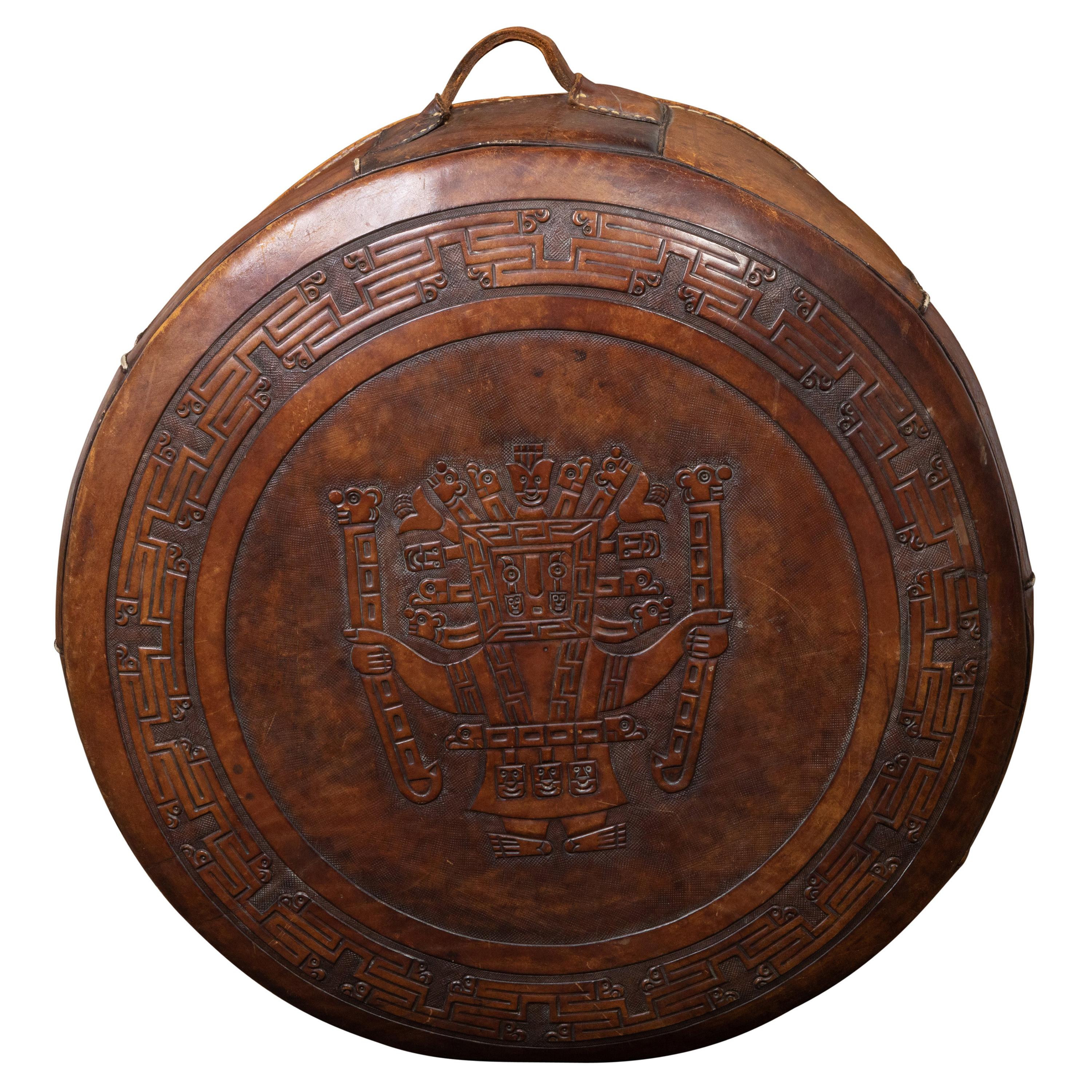 Midcentury Leather Pouf with Tooled Mesoamerican Motifs and Meander Frieze