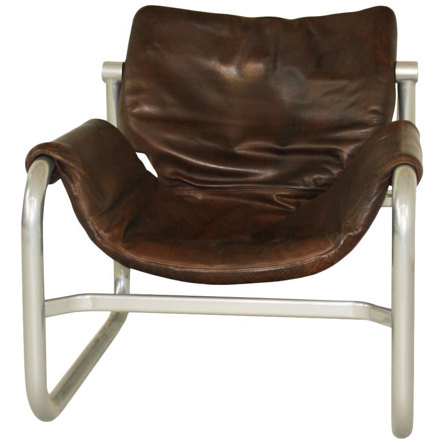 Midcentury leather sling lounge chair by Maurice Burke for Pozza, Brazil