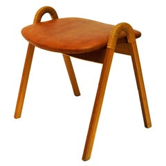 Midcentury Leather Stool by Bjørn Engø for Gustav Bahus, 1950s, Norway