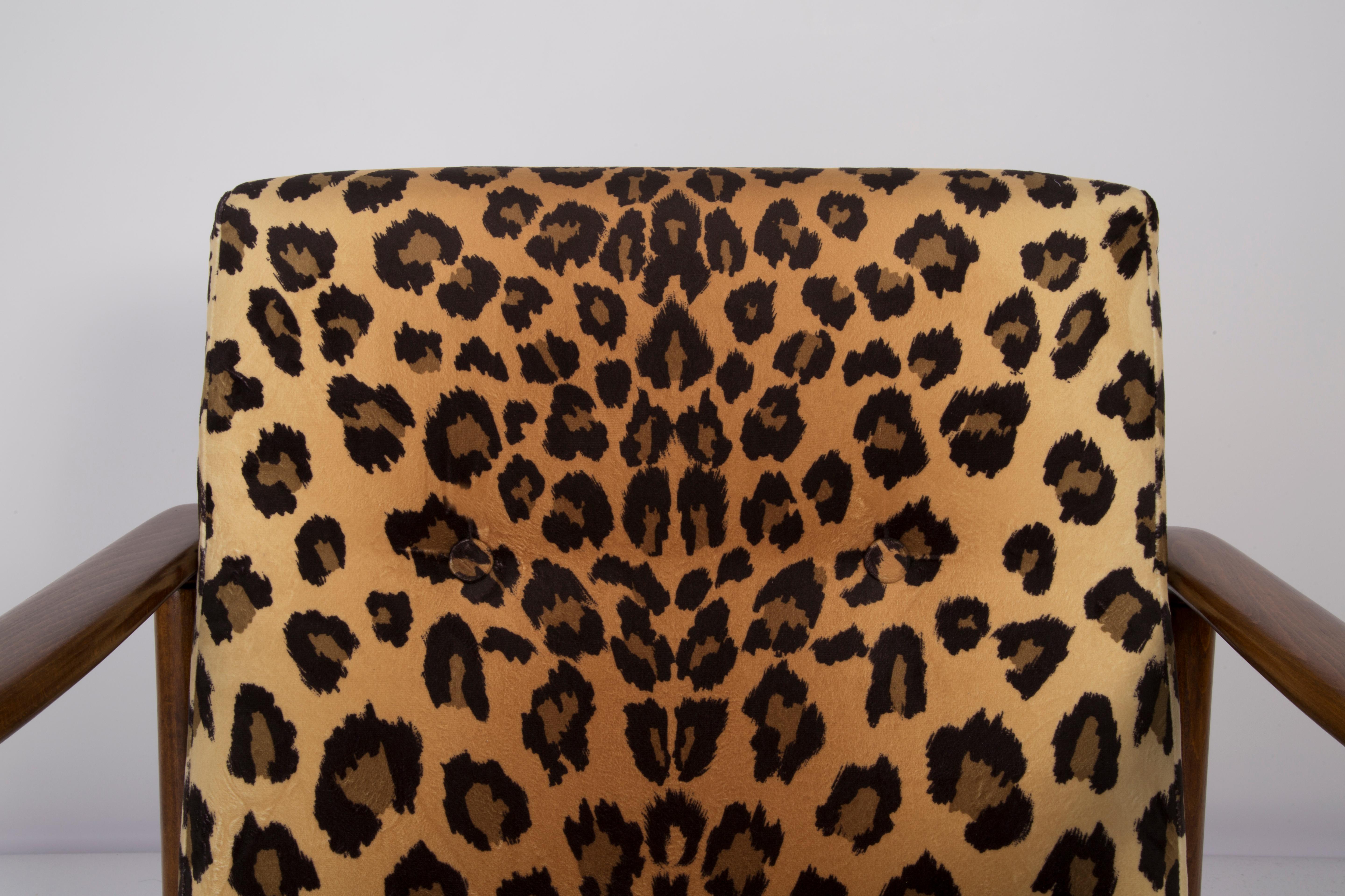 Hand-Crafted Midcentury Leopard Velvet Armchair, Hollywood Regency, Edmund Homa, 1960s Poland For Sale