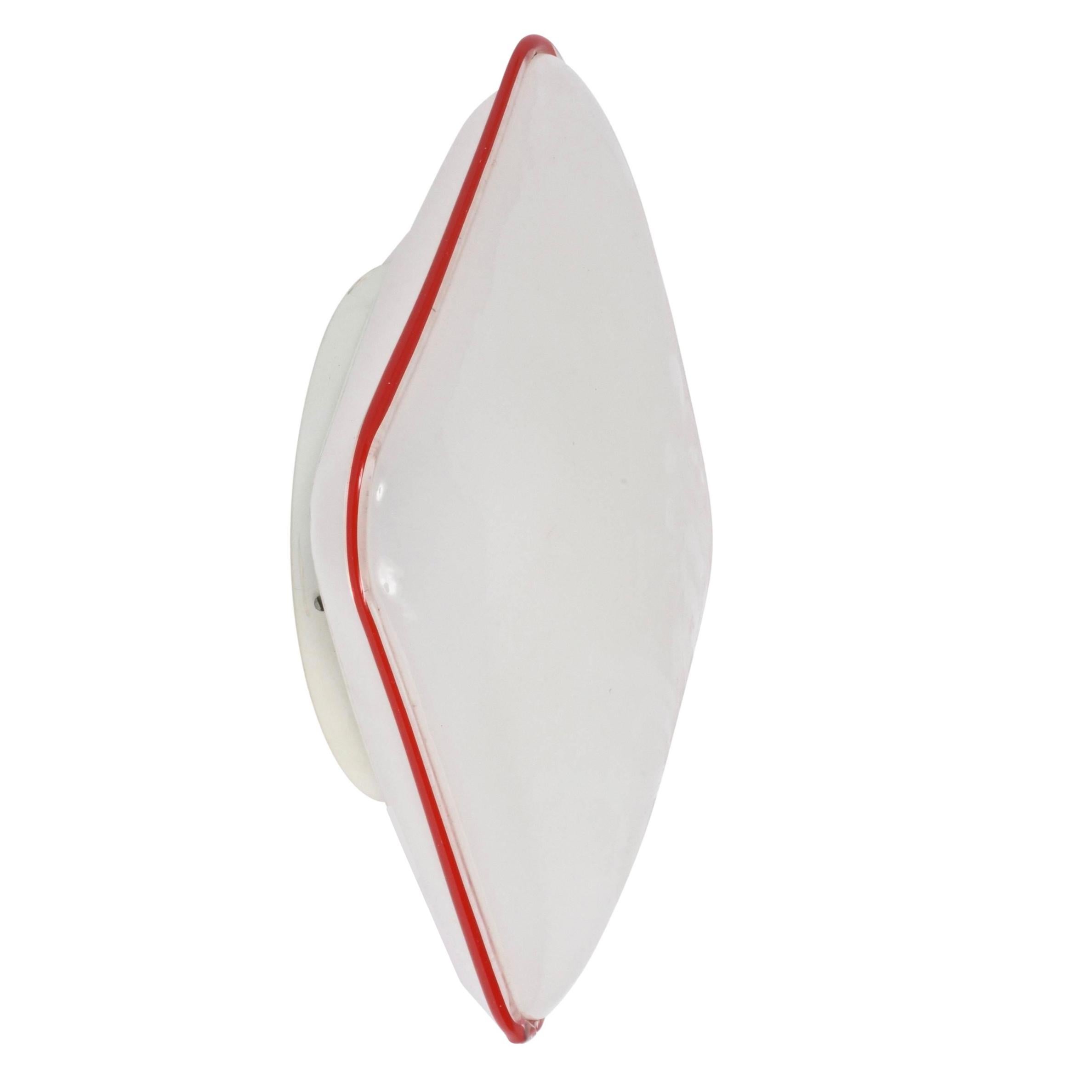 Rare ceiling light or sconce can be used also as a table lamp. It is an original Leucos Italian Lamp produced during the 1970s.

It is made of white Murano glass with an elegant red line and the glass diffuser has a slightly pyramidal form.

The
