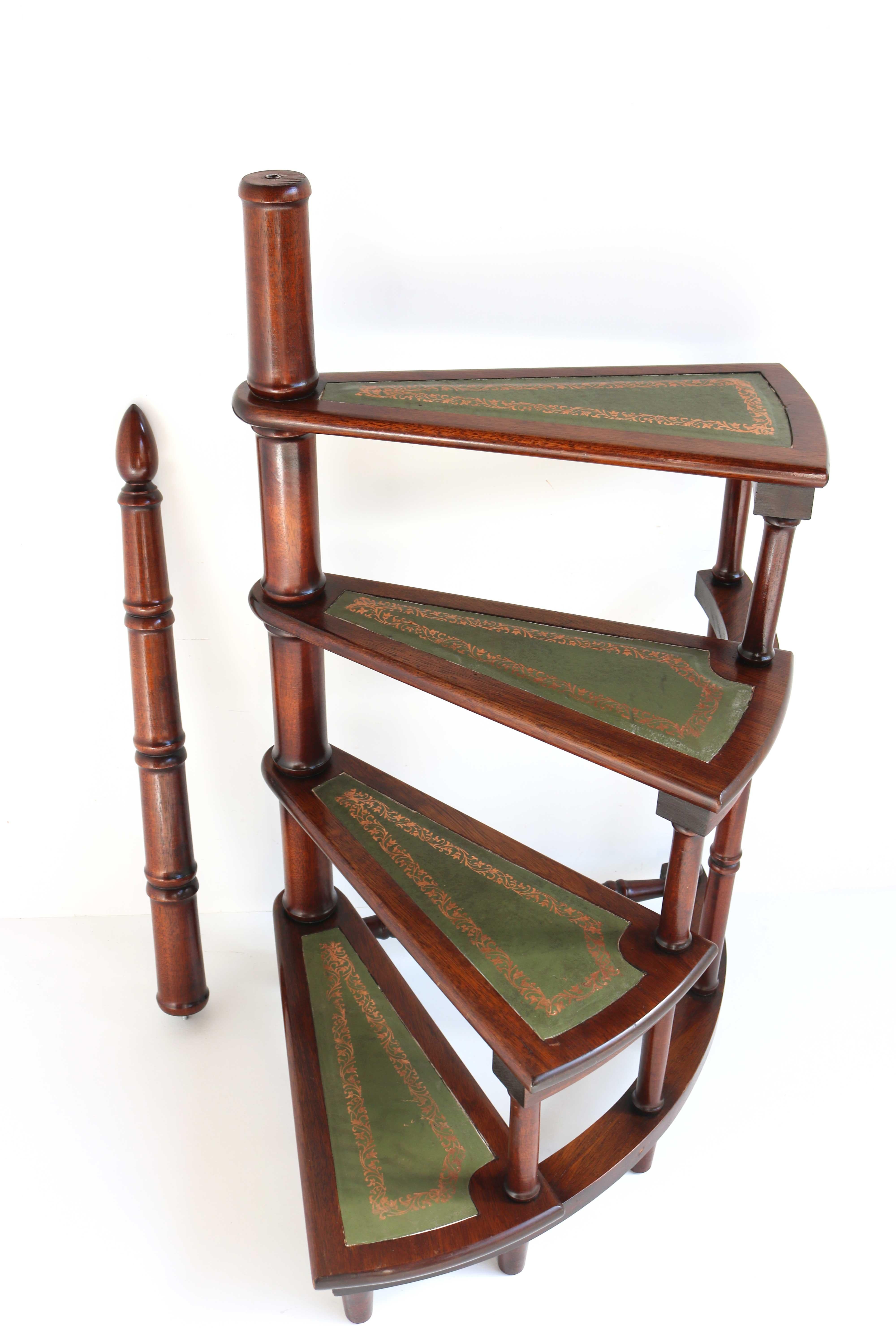 Midcentury Library Stairs Carved Wooden and Leather Bookcase Ladder Spiral Steps 7