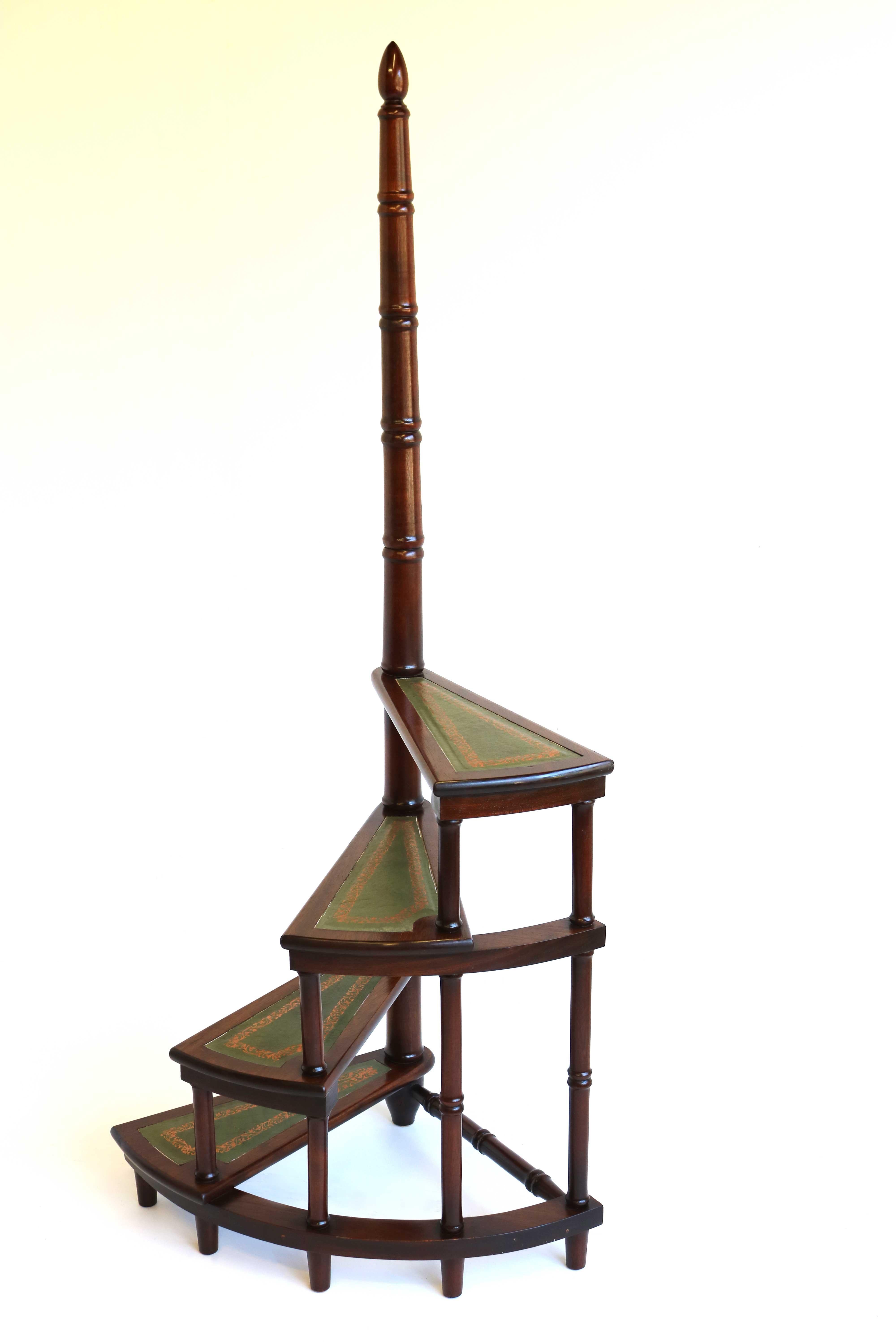 Hand-Carved Midcentury Library Stairs Carved Wooden and Leather Bookcase Ladder Spiral Steps