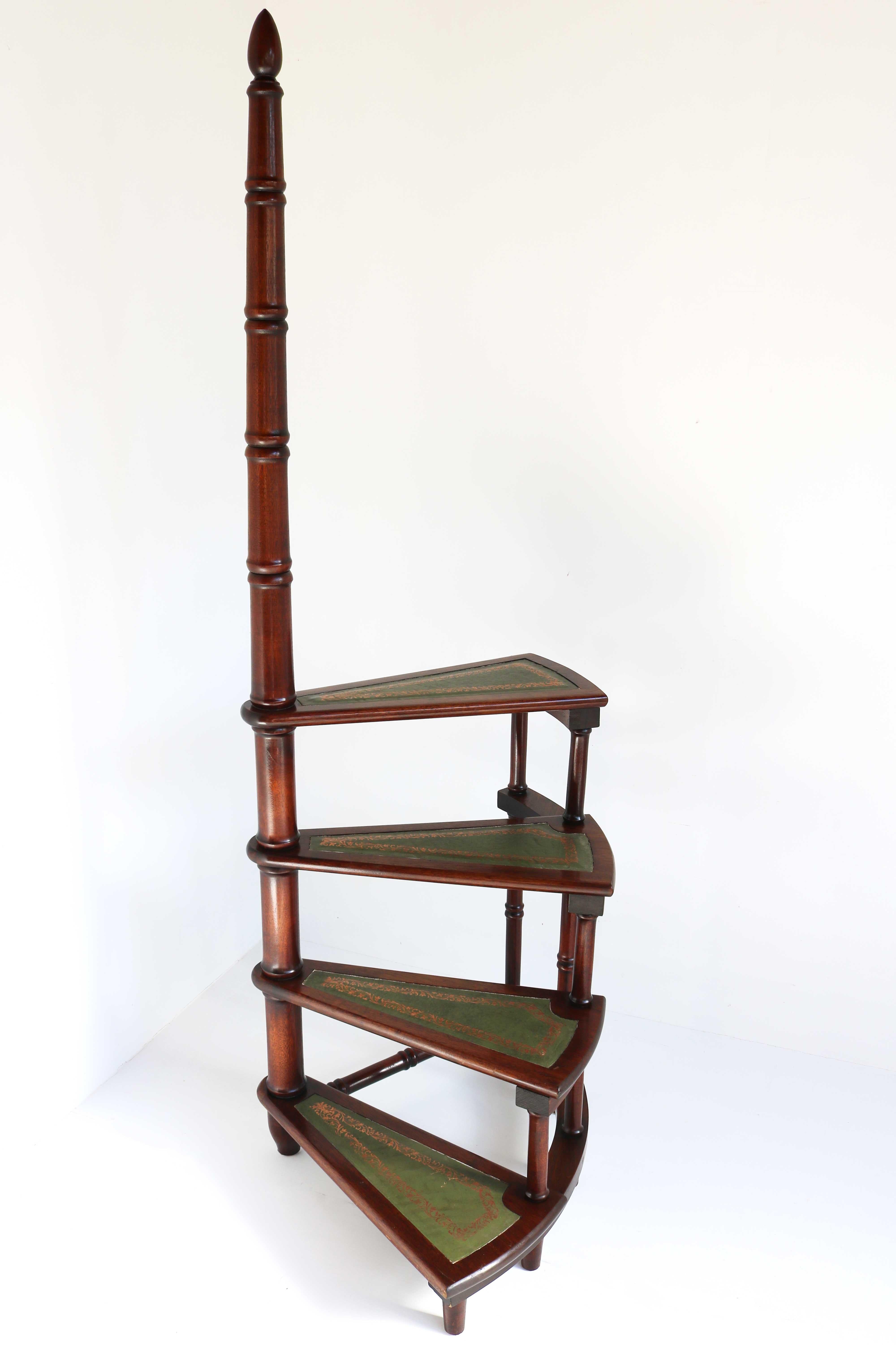 20th Century Midcentury Library Stairs Carved Wooden and Leather Bookcase Ladder Spiral Steps
