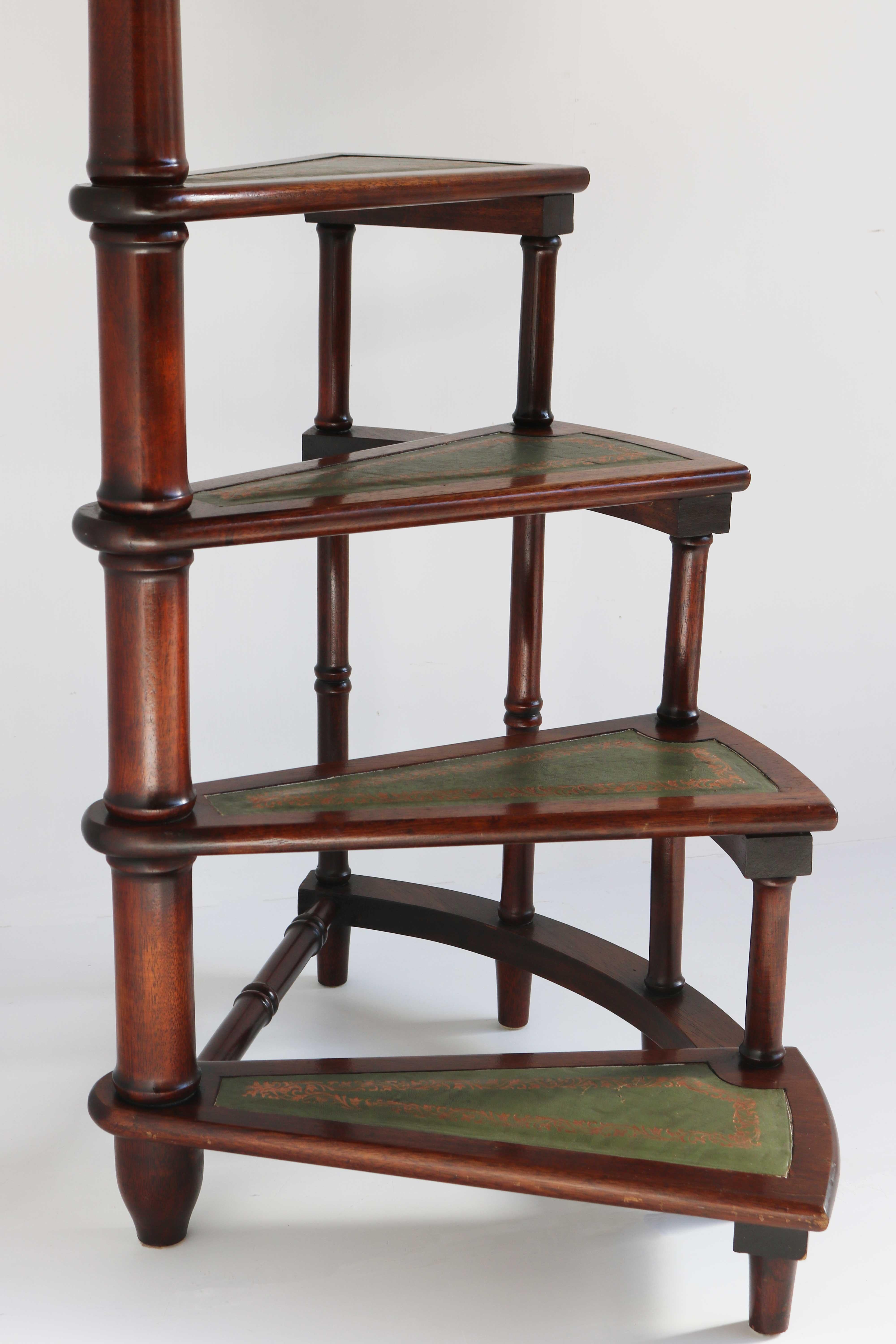 Midcentury Library Stairs Carved Wooden and Leather Bookcase Ladder Spiral Steps 1